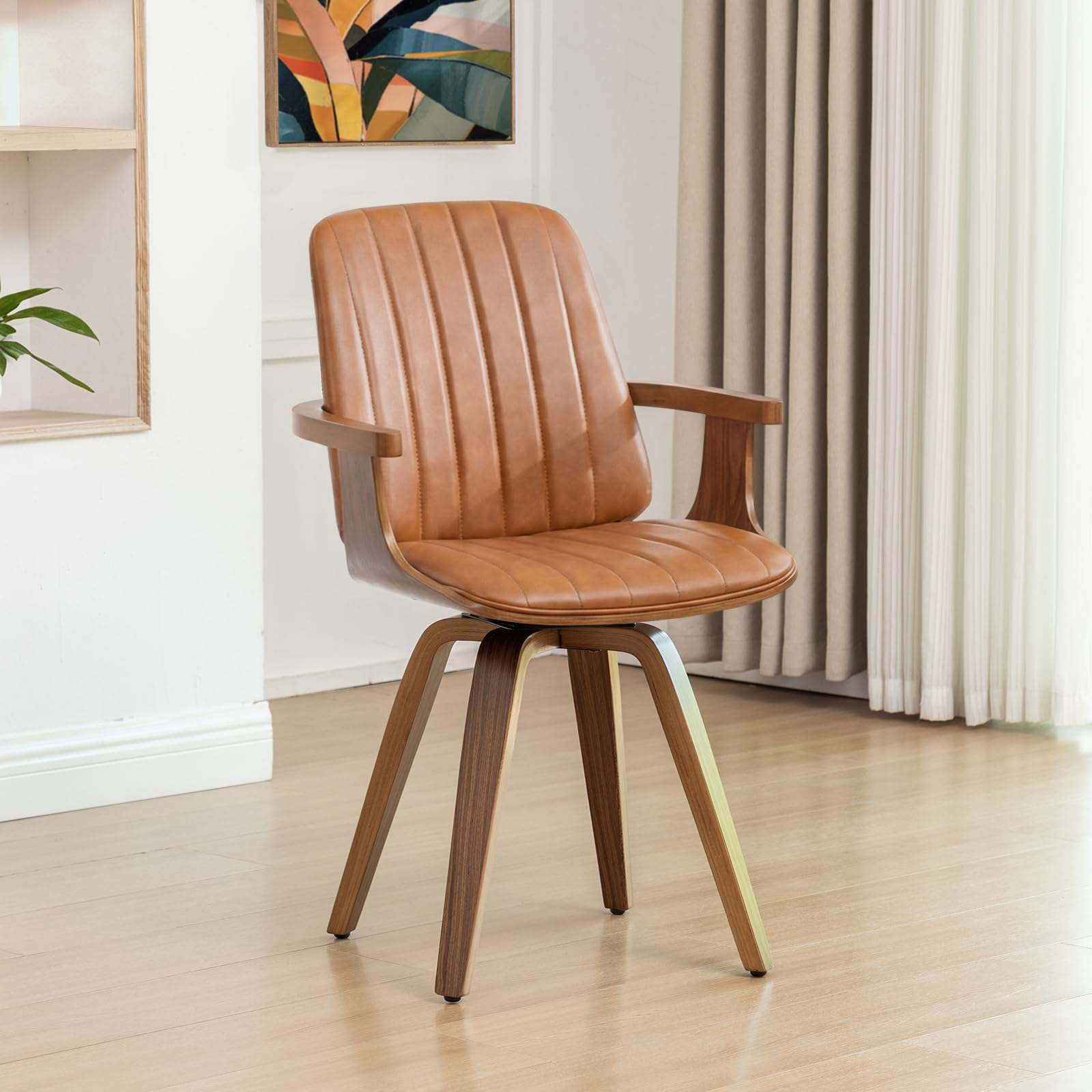 WUPOTO Set of 1 MCM Dining Chair, Mid Century Modern Chair with Walnut Craftsmanship, Upholstered Faux Leather, Wooden Arms and Legs, Faux Leather Dining Chair for Kitchen/Living Room - Green