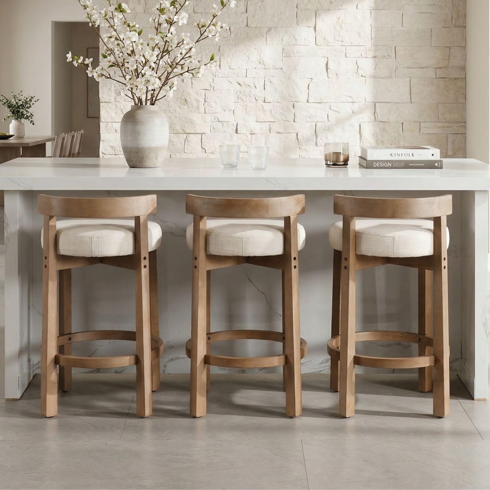 LukeAlon Mid Century Linen Counter Stools Set of 4, Upholstered 26.5” Seat Height Low Barstools with Natural Wood Legs Round Low Back Kitchen Stools with Footrest for Dining Room, Beige