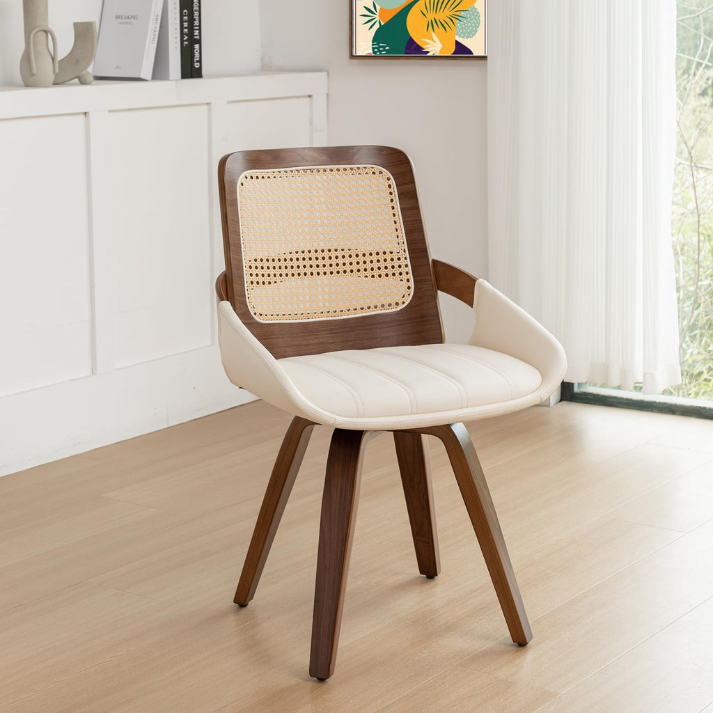 Set of 2 Green Rattan Dining Chairs - Mid Century Modern Dining Chairs with Walnut Bentwood Frame, Ergonomic Rattan Back, Curved Arms, Versatile for Living Room/Conference/Kitchen (Walnut Green)