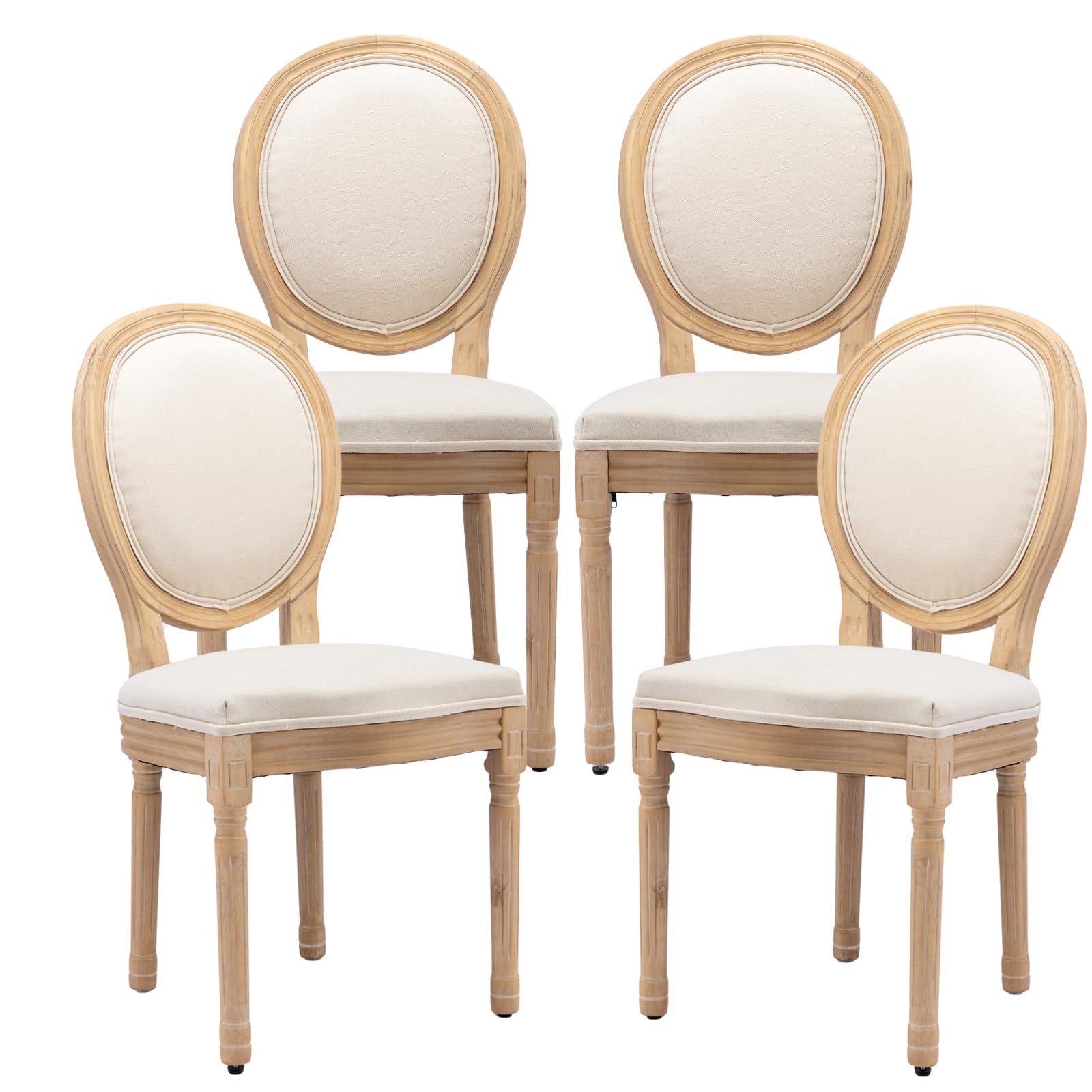 French Country Dining Chairs Set of 4，Fabric Upholstered Dining Chair with Round Back and Solid Leg, Rattan Kitchen Chairs for Dining Room, Living Room, Kitchen, Olive Green