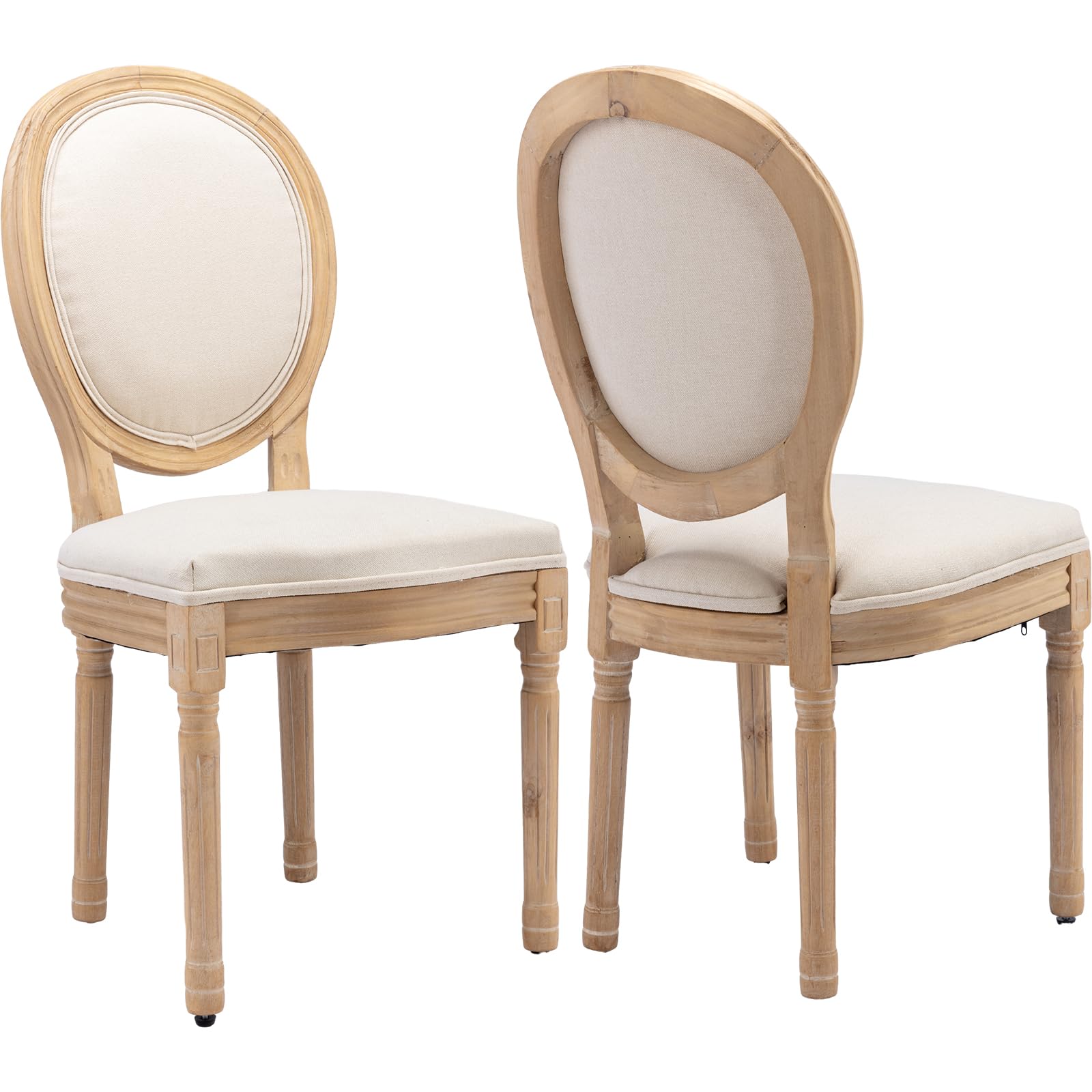Vintage French Rattan Dining Chairs Set of 4, Solid Wood Frame with Round Rattan Back and Linen Upholstered Seat, Farmhouse Accent Sillas de Comedor Side Chairs for Dining Room & Kitchen, Beige