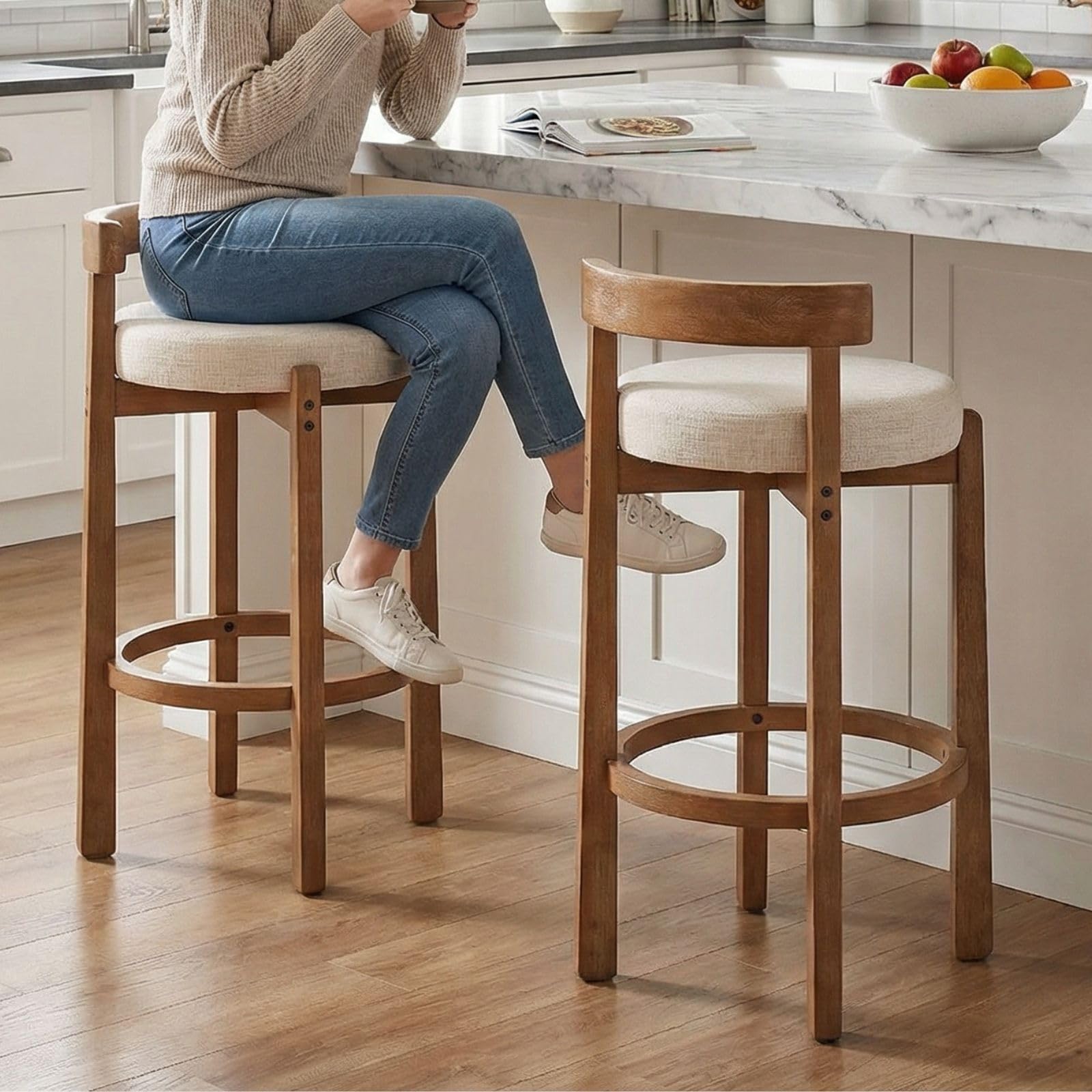 LukeAlon Mid Century Linen Counter Stools Set of 4, Upholstered 26.5” Seat Height Low Barstools with Natural Wood Legs Round Low Back Kitchen Stools with Footrest for Dining Room, Beige