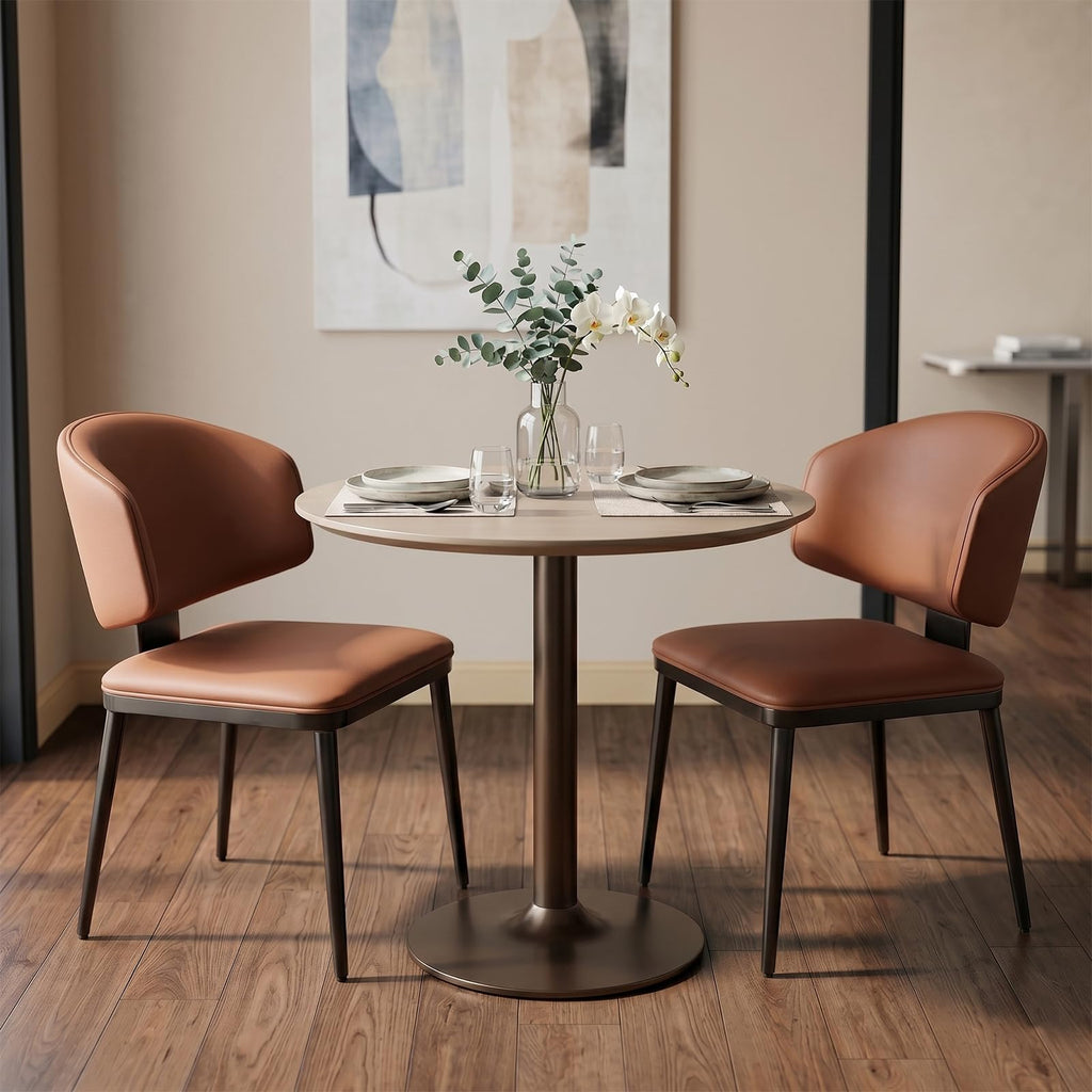 2PC Brown Faux Leather Dining Chairs, Modern Curved Back Design