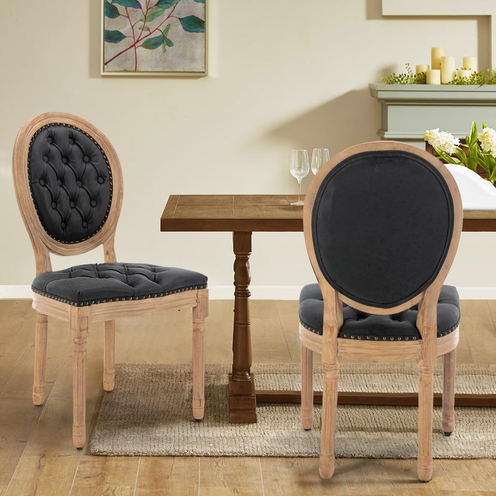 Rattan Back Upholstered Dining Chairs Set of 4 French Country Oval Kitchen Side Chairs with Wood Legs for Dining Room, Kitchen, Restaurant(Beige-Rattan)