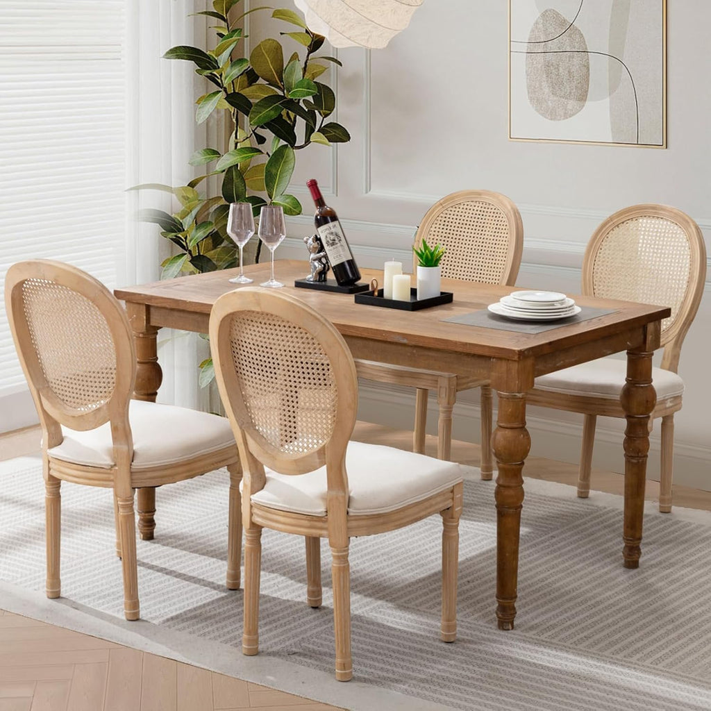 Rattan Back Upholstered Dining Chairs Set of 4 French Country Oval Kitchen Side Chairs with Wood Legs for Dining Room, Kitchen, Restaurant(Beige-Rattan)
