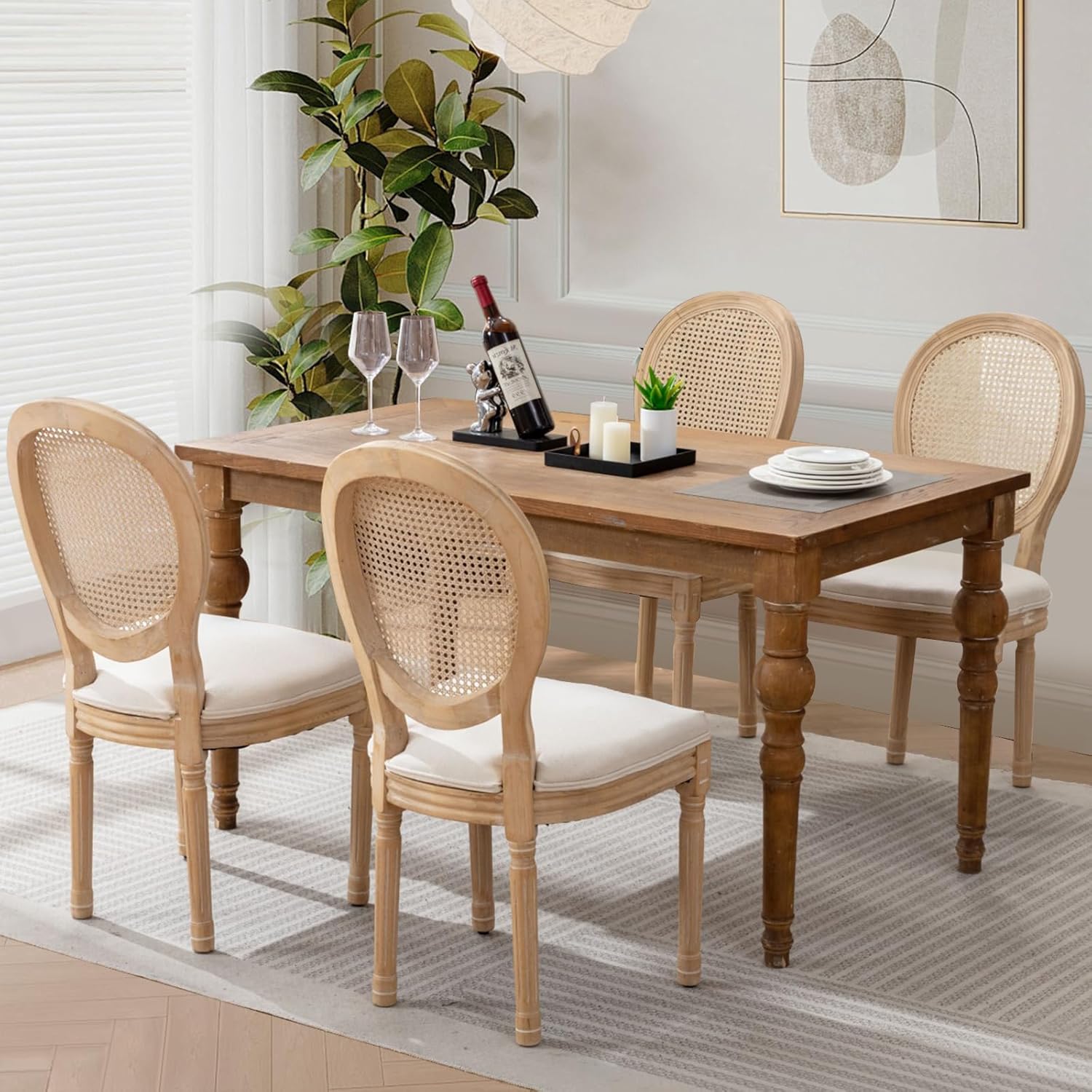 Rattan Back Upholstered Dining Chairs Set of 4 French Country Oval Kitchen Side Chairs with Wood Legs for Dining Room, Kitchen, Restaurant(Beige-Rattan)