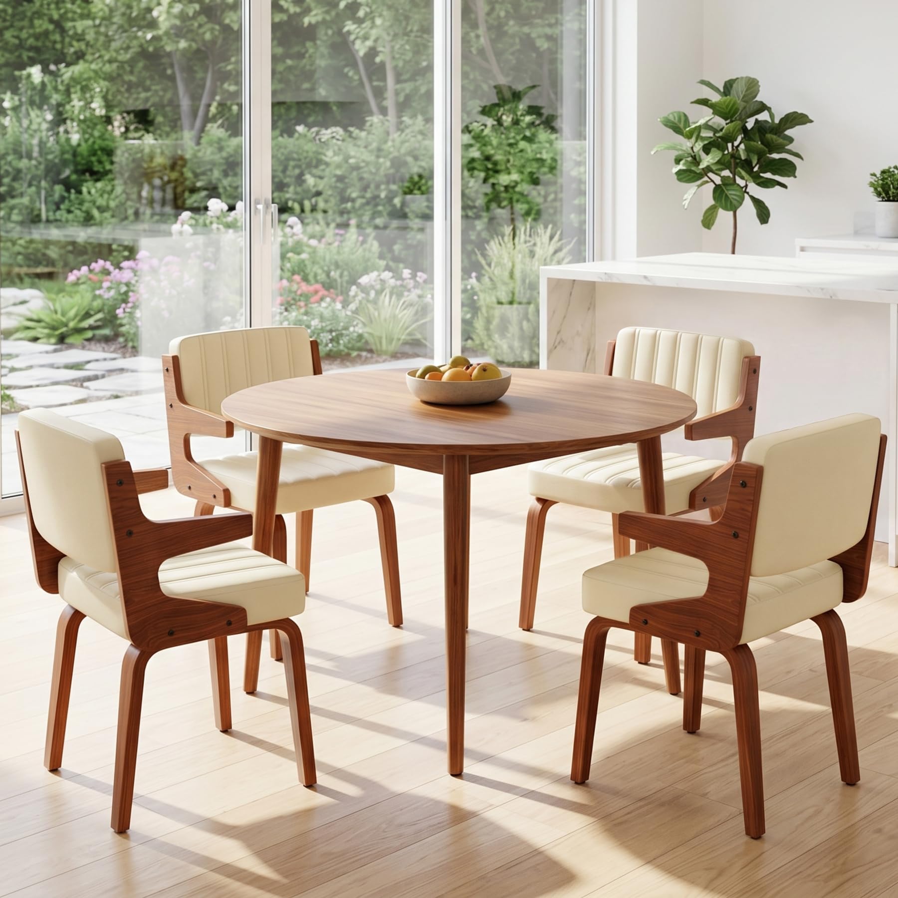 Dining Chairs Set of 1, Mid-Century Modern Upholstered PU Leather Kitchen Chair, Hanging Handrails, Walnut Bentwood Legs and Faux Leather Sponge Back for Kitchen Dining Room Living Room, Beige
