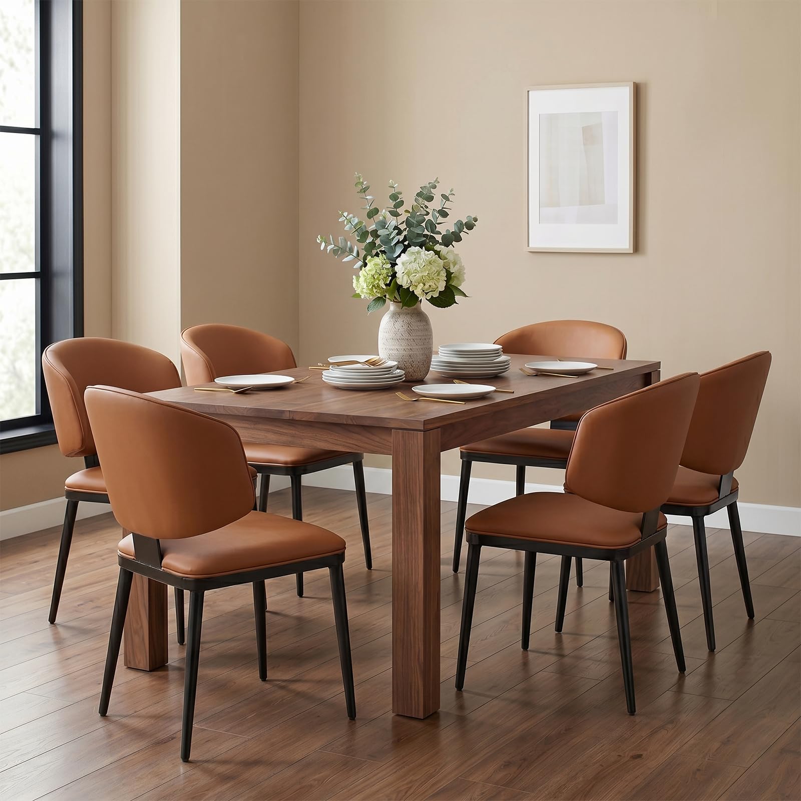 2PC Brown Faux Leather Dining Chairs, Modern Curved Back Design