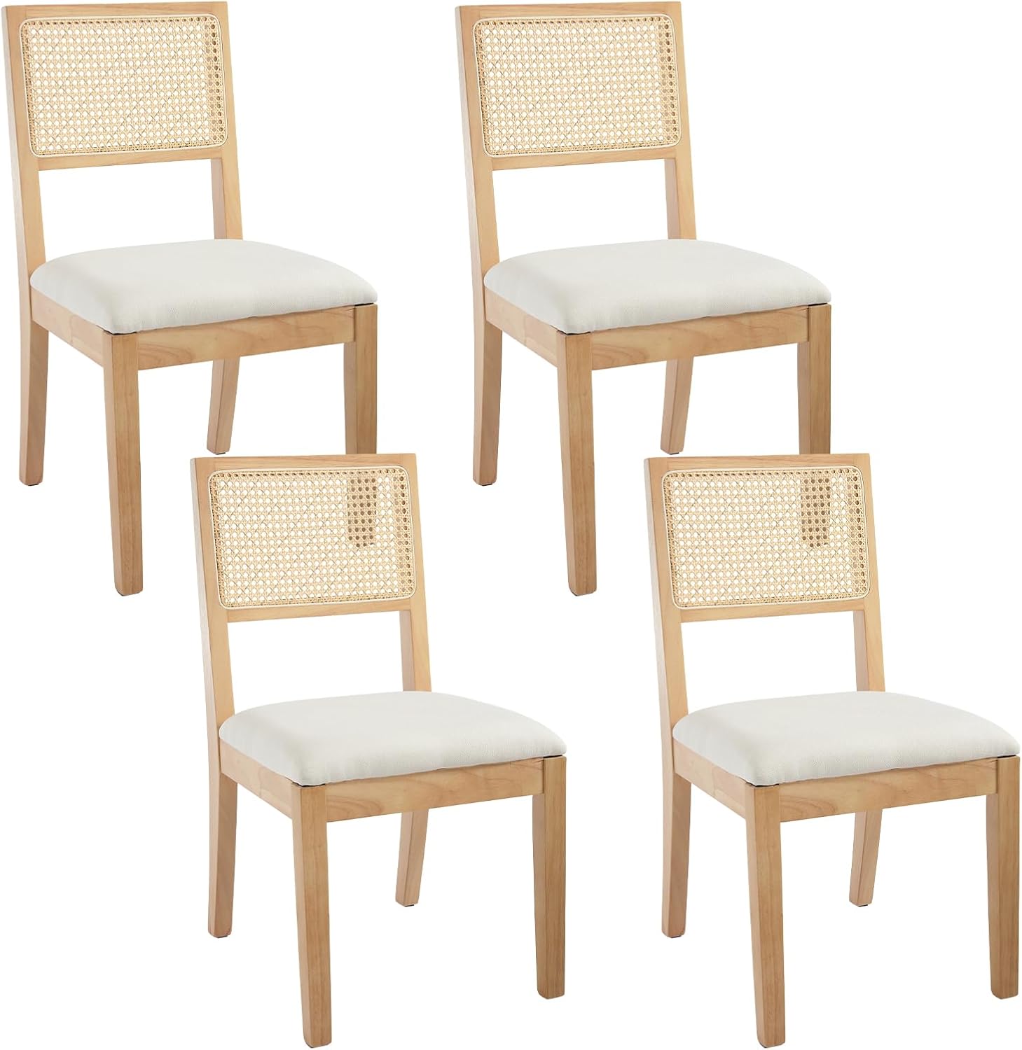 Farmhouse Rattan Dining Chairs Set of 4,Cane Back Kitchen Dining Room Chairs, Upholstered Mid Century Modern Rattan Chair Comfy Side Wood Chair for Living Room/Restaurant, Linen Fabric, Beige