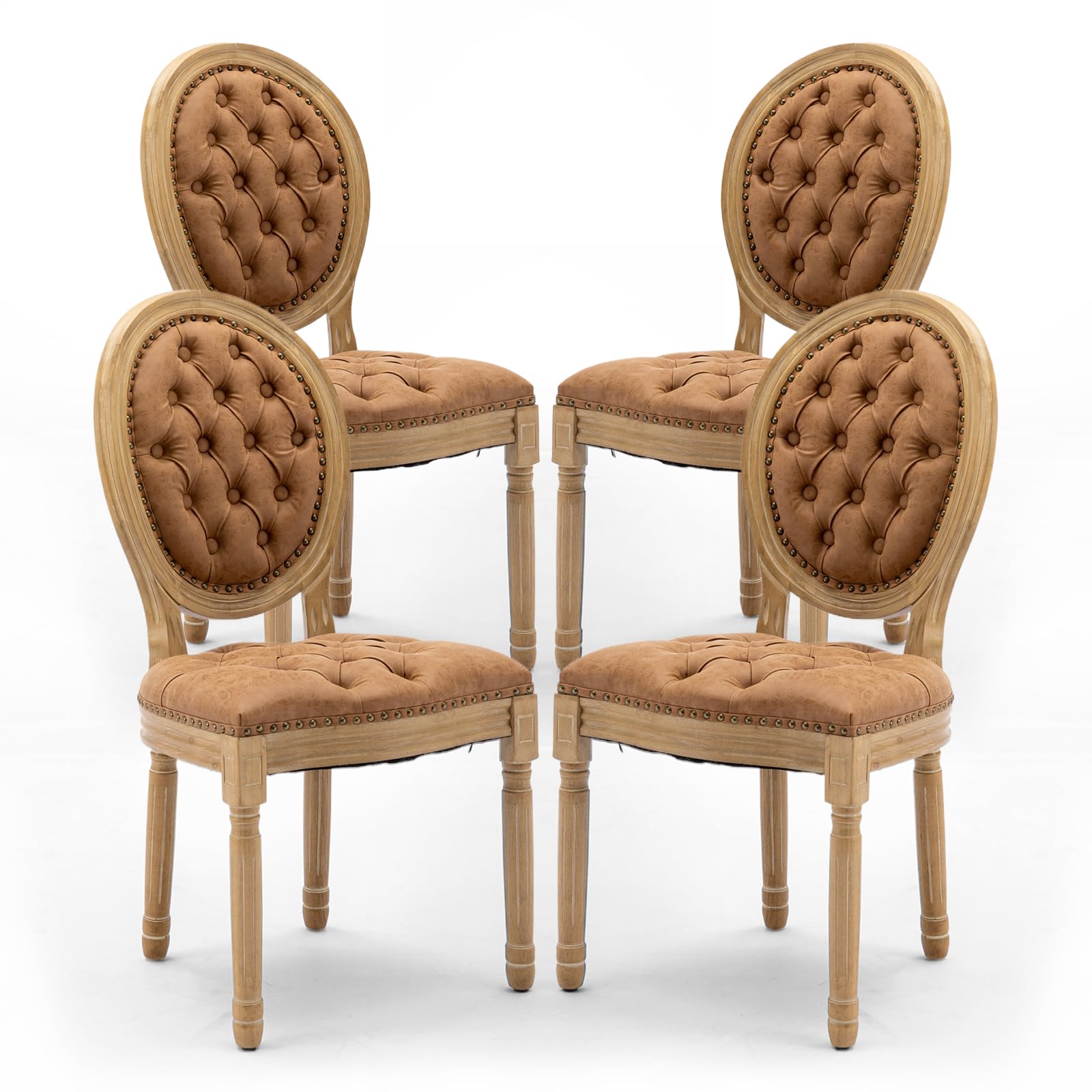 Rattan Back Upholstered Dining Chairs Set of 4 French Country Oval Kitchen Side Chairs with Wood Legs for Dining Room, Kitchen, Restaurant(Beige-Rattan)