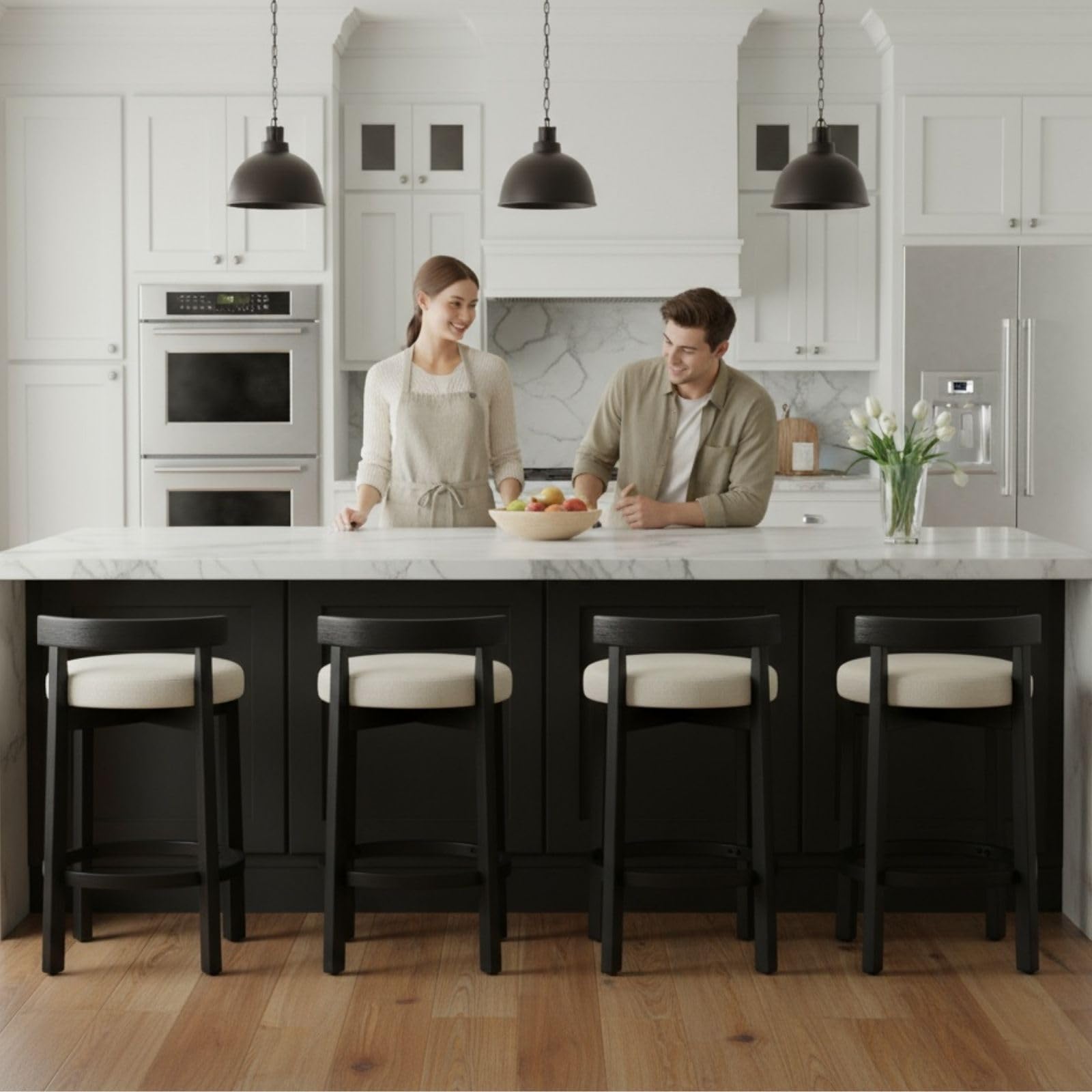 LukeAlon Mid Century Linen Counter Stools Set of 4, Upholstered 26.5” Seat Height Low Barstools with Natural Wood Legs Round Low Back Kitchen Stools with Footrest for Dining Room, Beige