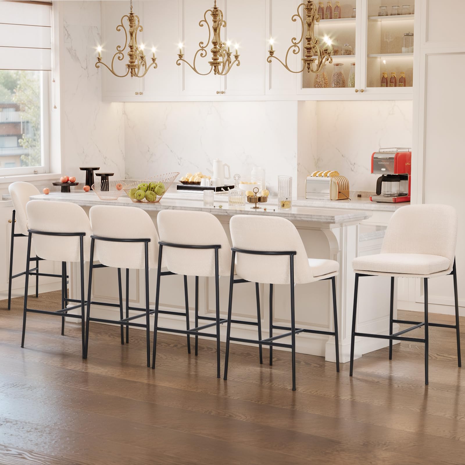 COLAMY Upholstered Counter Bar Stools, Kitchen Island Stools with Back, Modern Counter Height Stools with Wood Legs for Kitchen Island Dining Room Bar, Camel