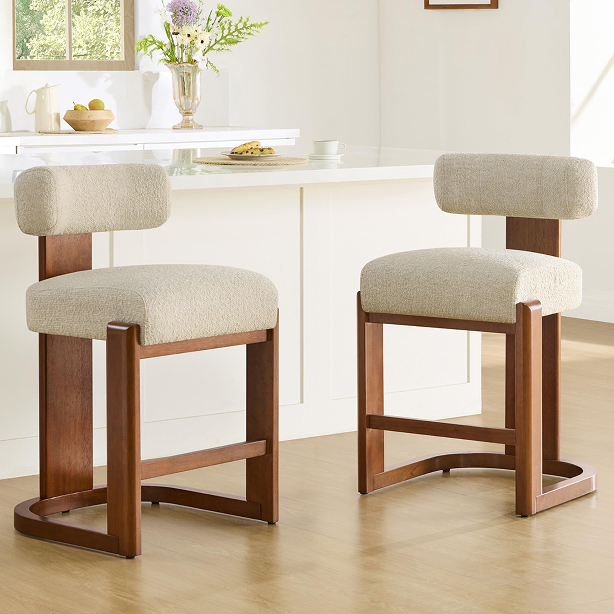 2PC Upholstered Counter Bar Stools, Oatmeal Fabric with Walnut Wood Legs