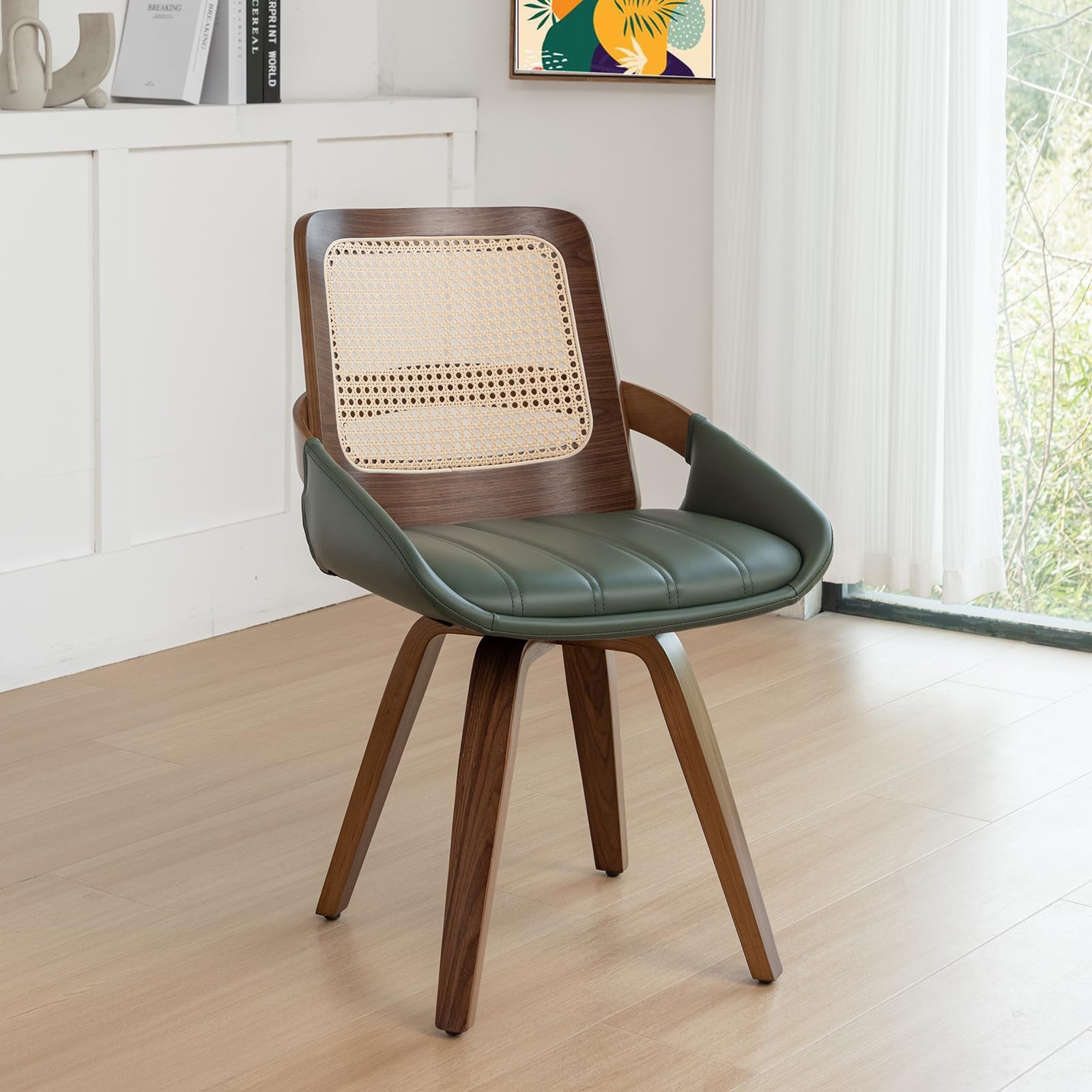 Set of 2 Green Rattan Dining Chairs - Mid Century Modern Dining Chairs with Walnut Bentwood Frame, Ergonomic Rattan Back, Curved Arms, Versatile for Living Room/Conference/Kitchen (Walnut Green)