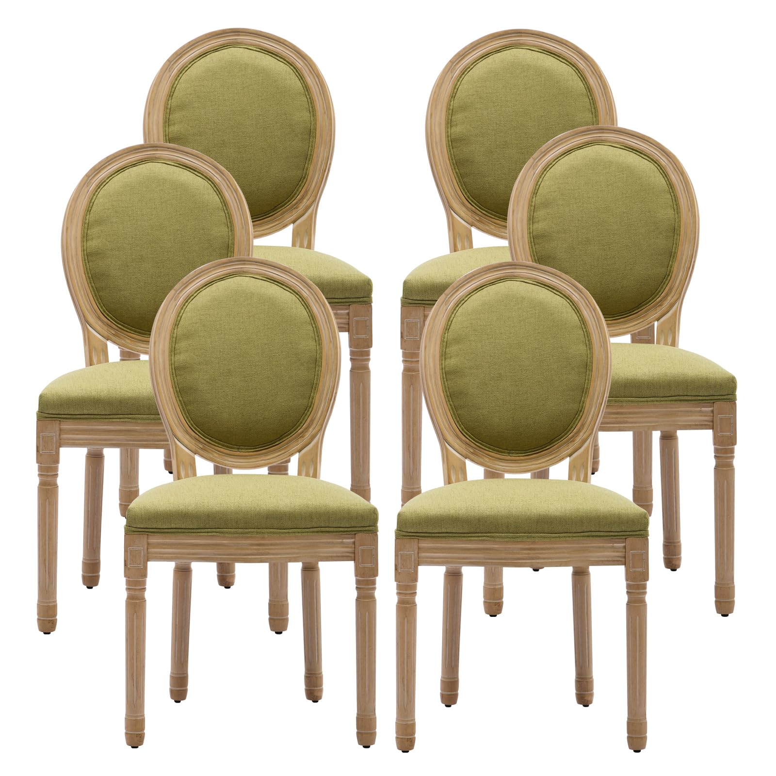 French Country Dining Chairs Set of 4，Fabric Upholstered Dining Chair with Round Back and Solid Leg, Rattan Kitchen Chairs for Dining Room, Living Room, Kitchen, Olive Green