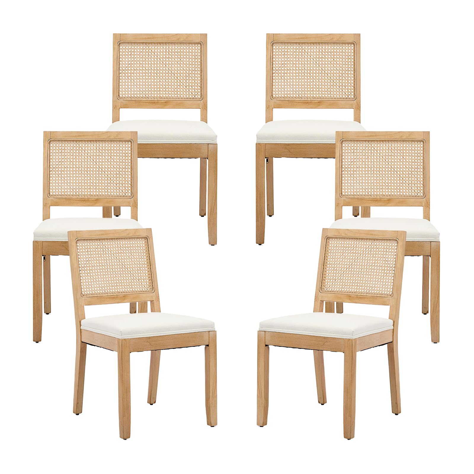 Vintage French Rattan Dining Chairs Set of 6, Square Back Side Chairs with Rattan Backrest, Upholstered Linen Seat and Solid Wood Frame, Sillas de Comedor for Dining Room & Kitchen, Dark Gray