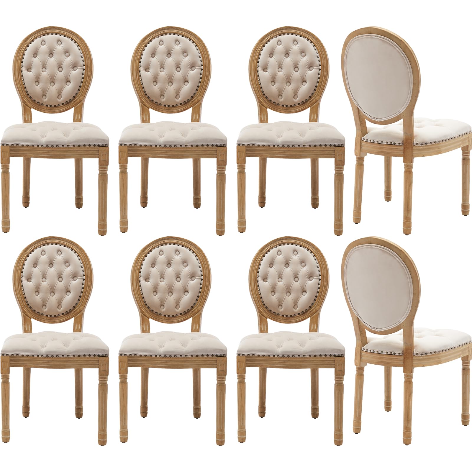 Vintage French Rattan Dining Chairs Set of 4, Solid Wood Frame with Round Rattan Back and Linen Upholstered Seat, Farmhouse Accent Sillas de Comedor Side Chairs for Dining Room & Kitchen, Beige