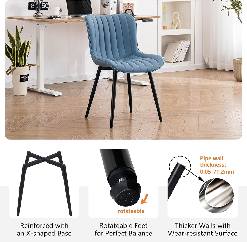 YOUNUOKE Mid-Century Modern Dining Chairs Set of 2, Blue PU Leather Upholstered Kitchen Chairs with Black Metal Legs, Armless Accent Chair for Dining Room, Guest Reception Room