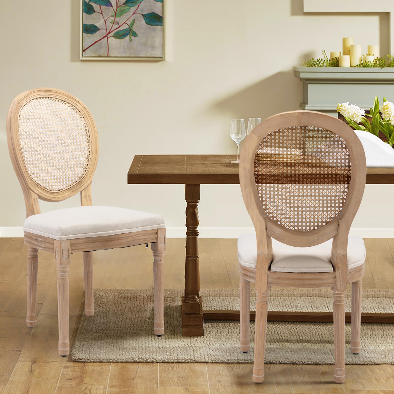 Rattan Back Upholstered Dining Chairs Set of 4 French Country Oval Kitchen Side Chairs with Wood Legs for Dining Room, Kitchen, Restaurant(Beige-Rattan)