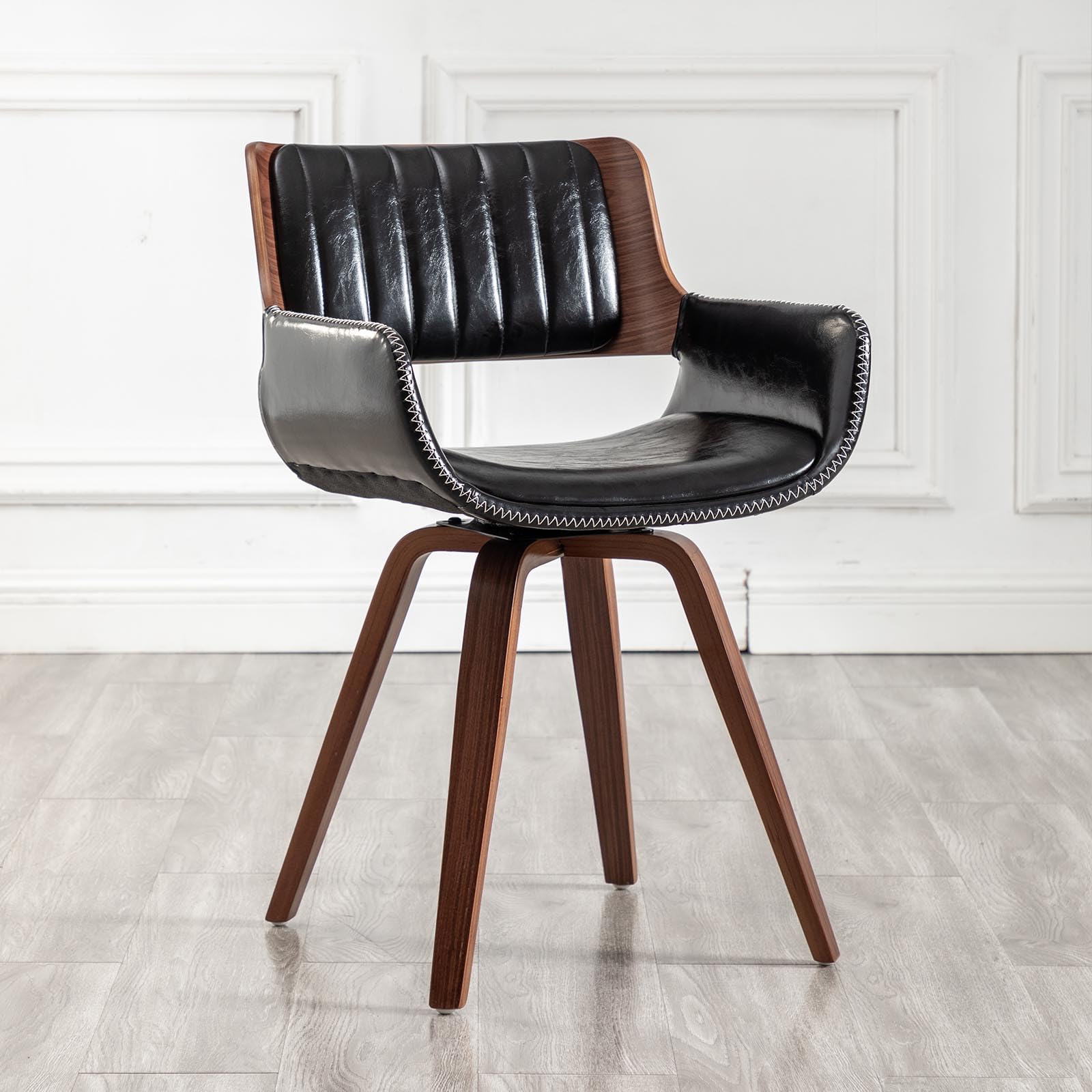 LUNLING Swivel Accent Faux Leather Dining Chairs, Mid Century Modern Chairs with Wooden Legs/Armrest/Upholstered Seat/Adjustable Foots for Kitchen Dining Room Desk Chairs,Green,1PCS