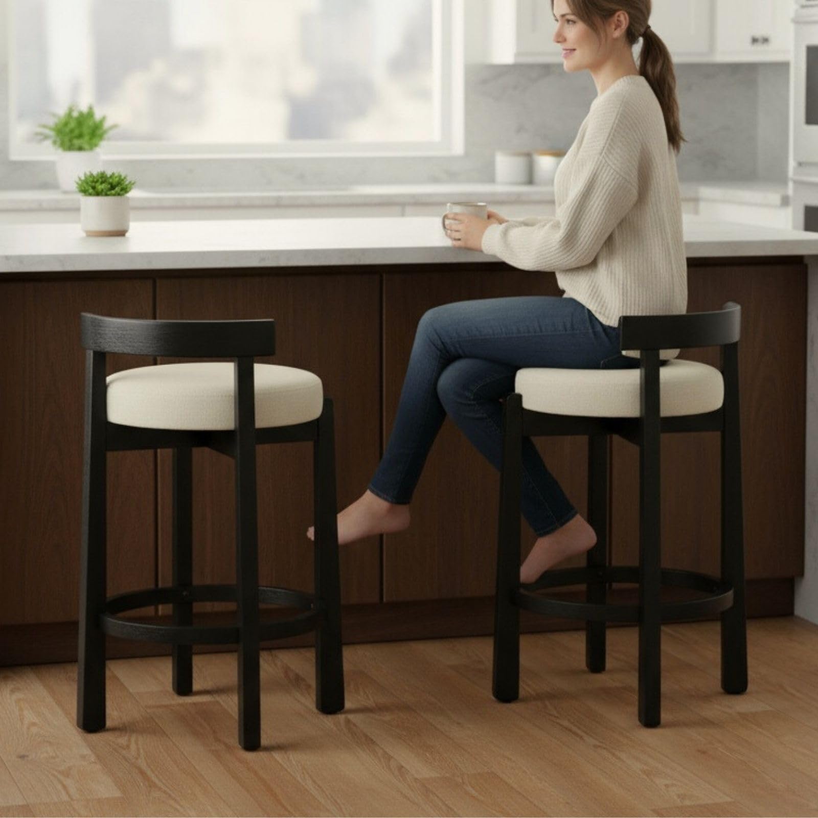 LukeAlon Mid Century Linen Counter Stools Set of 4, Upholstered 26.5” Seat Height Low Barstools with Natural Wood Legs Round Low Back Kitchen Stools with Footrest for Dining Room, Beige