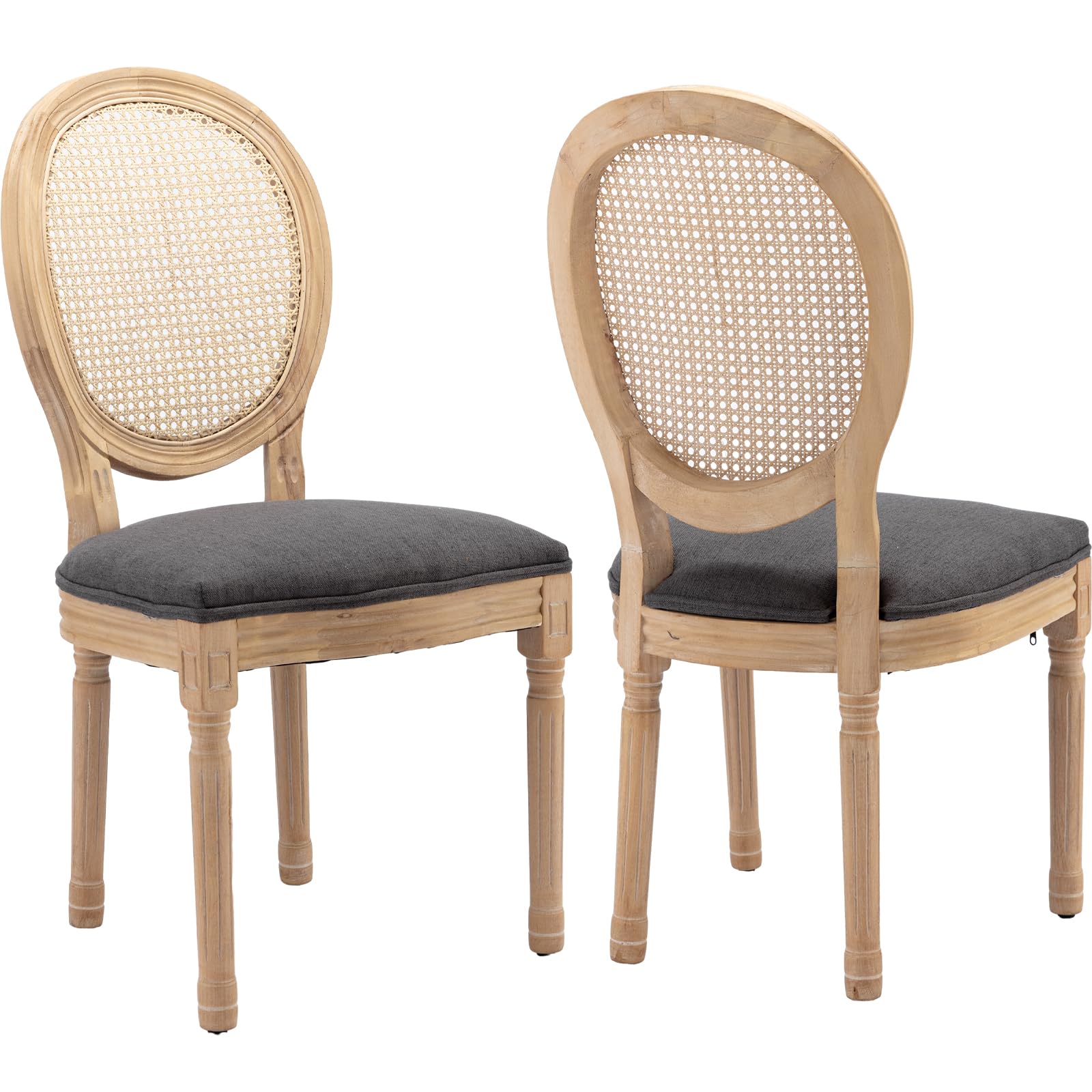 Vintage French Rattan Dining Chairs Set of 4, Solid Wood Frame with Round Rattan Back and Linen Upholstered Seat, Farmhouse Accent Sillas de Comedor Side Chairs for Dining Room & Kitchen, Beige