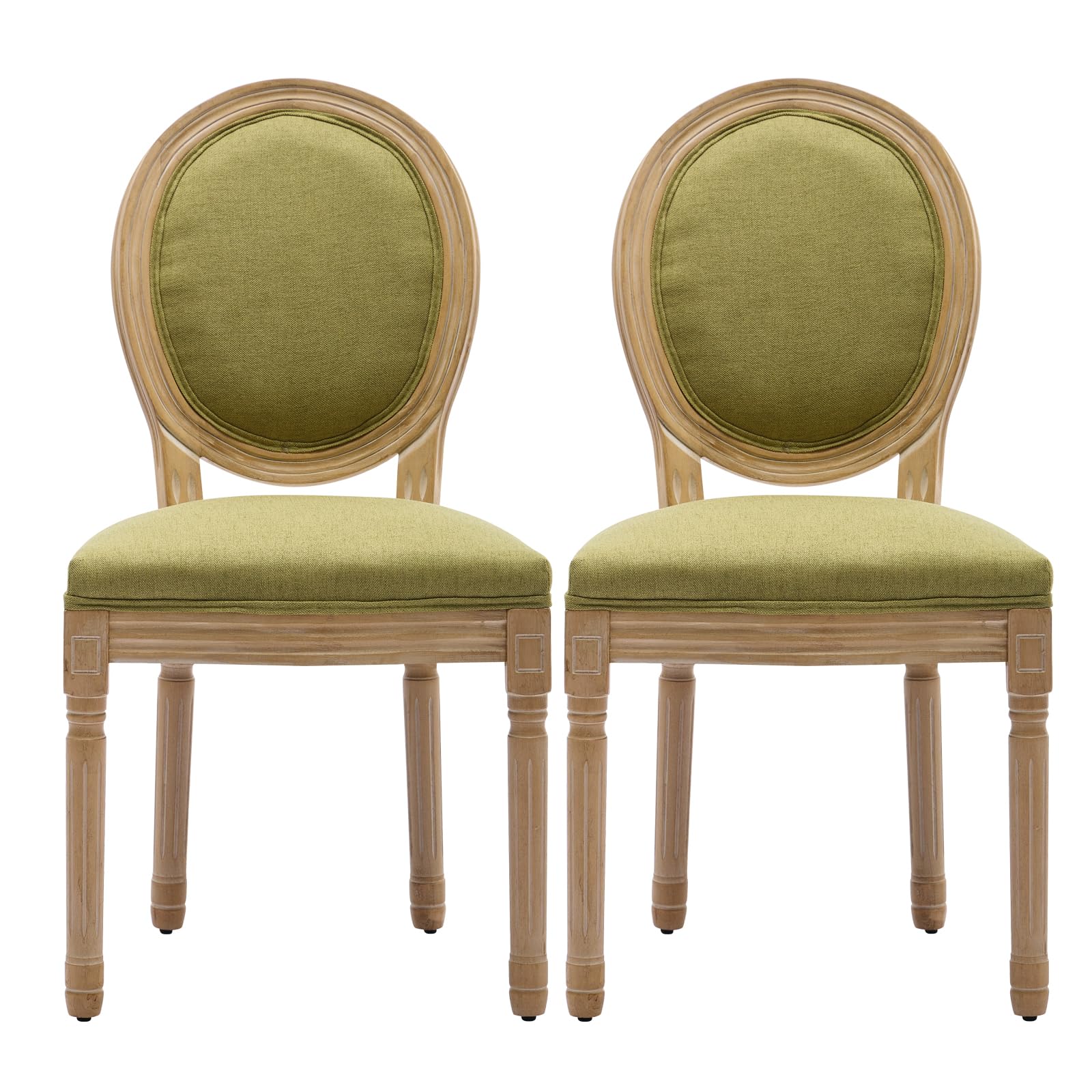 French Country Dining Chairs Set of 4，Fabric Upholstered Dining Chair with Round Back and Solid Leg, Rattan Kitchen Chairs for Dining Room, Living Room, Kitchen, Olive Green