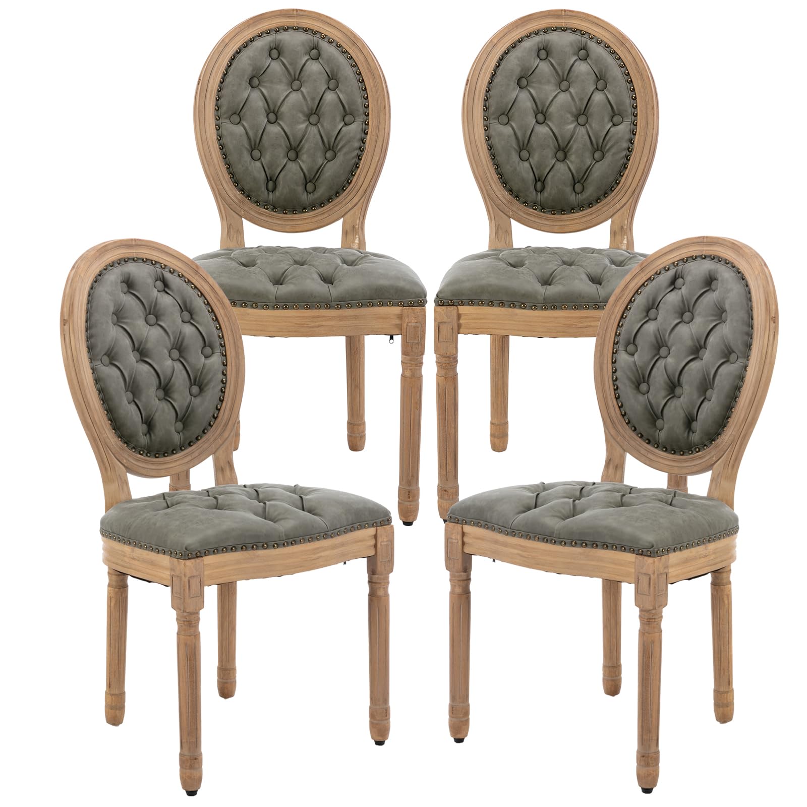 French Country Dining Chairs Set of 4，Fabric Upholstered Dining Chair with Round Back and Solid Leg, Rattan Kitchen Chairs for Dining Room, Living Room, Kitchen, Olive Green