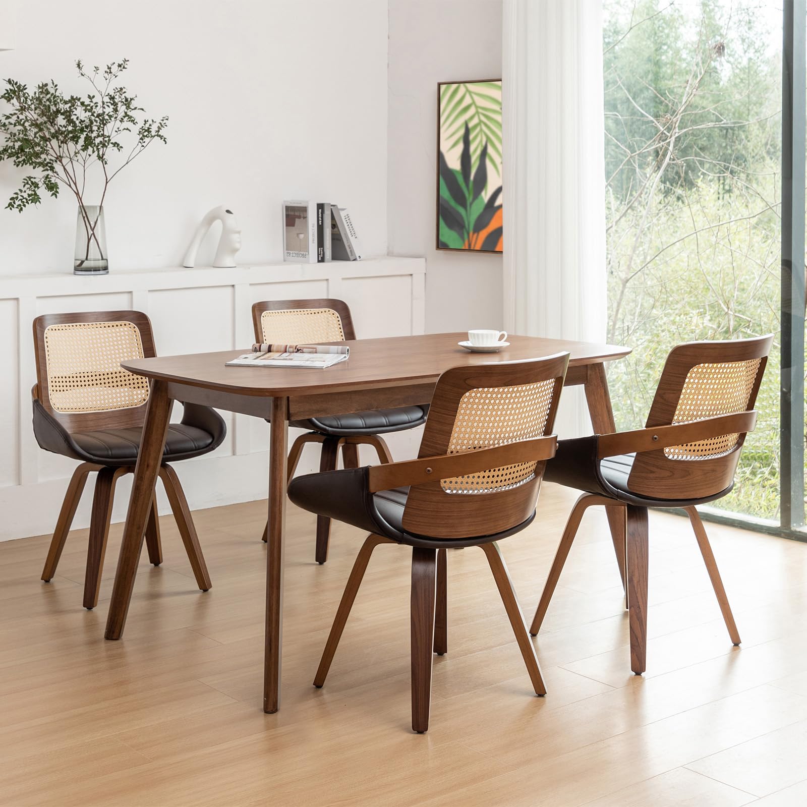Set of 2 Green Rattan Dining Chairs - Mid Century Modern Dining Chairs with Walnut Bentwood Frame, Ergonomic Rattan Back, Curved Arms, Versatile for Living Room/Conference/Kitchen (Walnut Green)