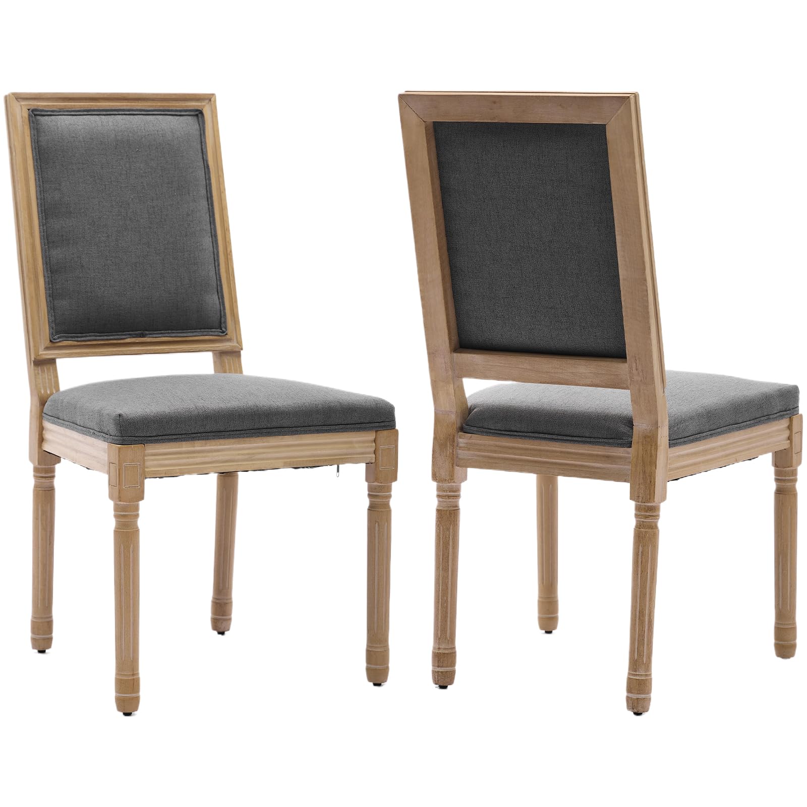 Vintage French Rattan Dining Chairs Set of 6, Square Back Side Chairs with Rattan Backrest, Upholstered Linen Seat and Solid Wood Frame, Sillas de Comedor for Dining Room & Kitchen, Dark Gray