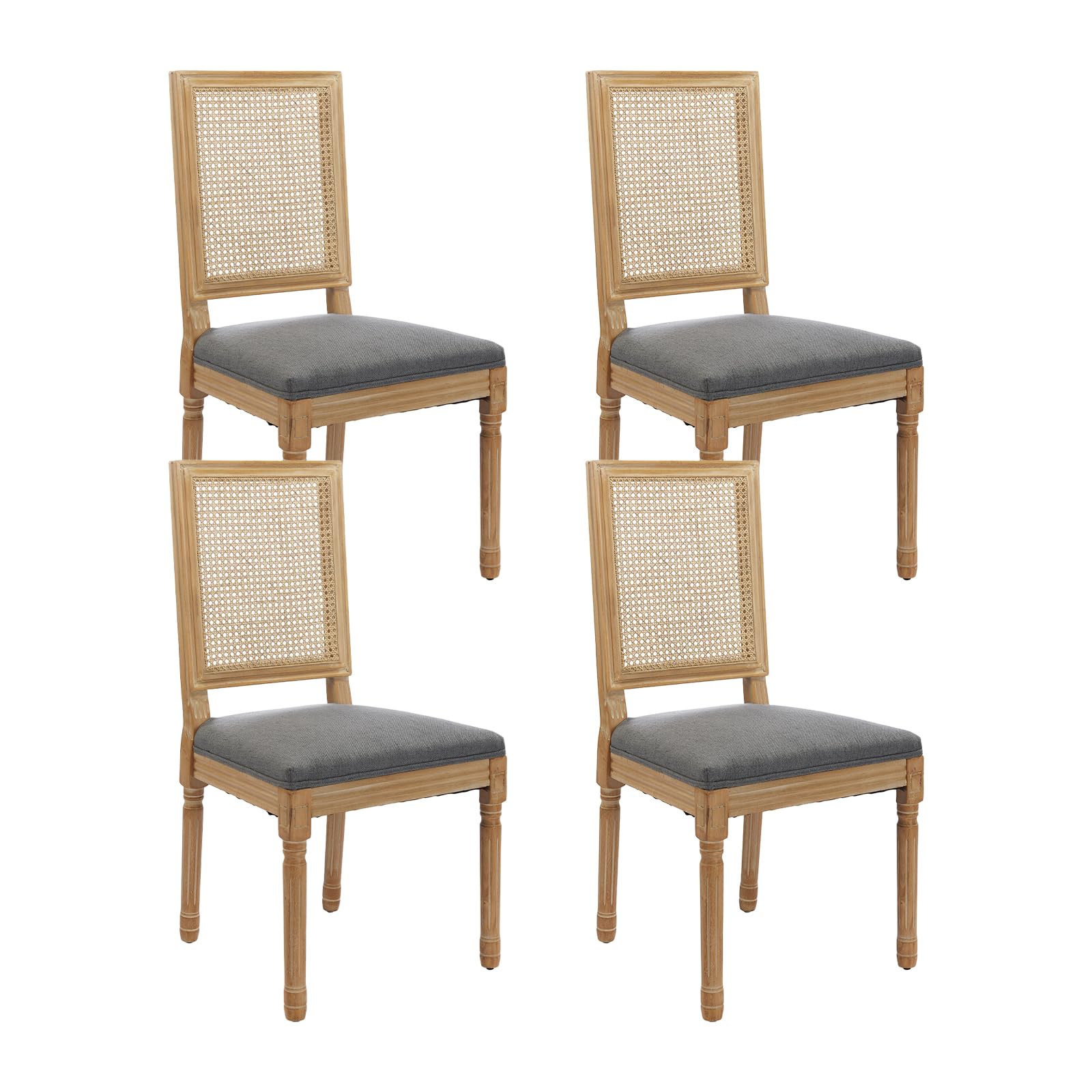 French Country Dining Chairs Set of 4，Fabric Upholstered Dining Chair with Round Back and Solid Leg, Rattan Kitchen Chairs for Dining Room, Living Room, Kitchen, Olive Green