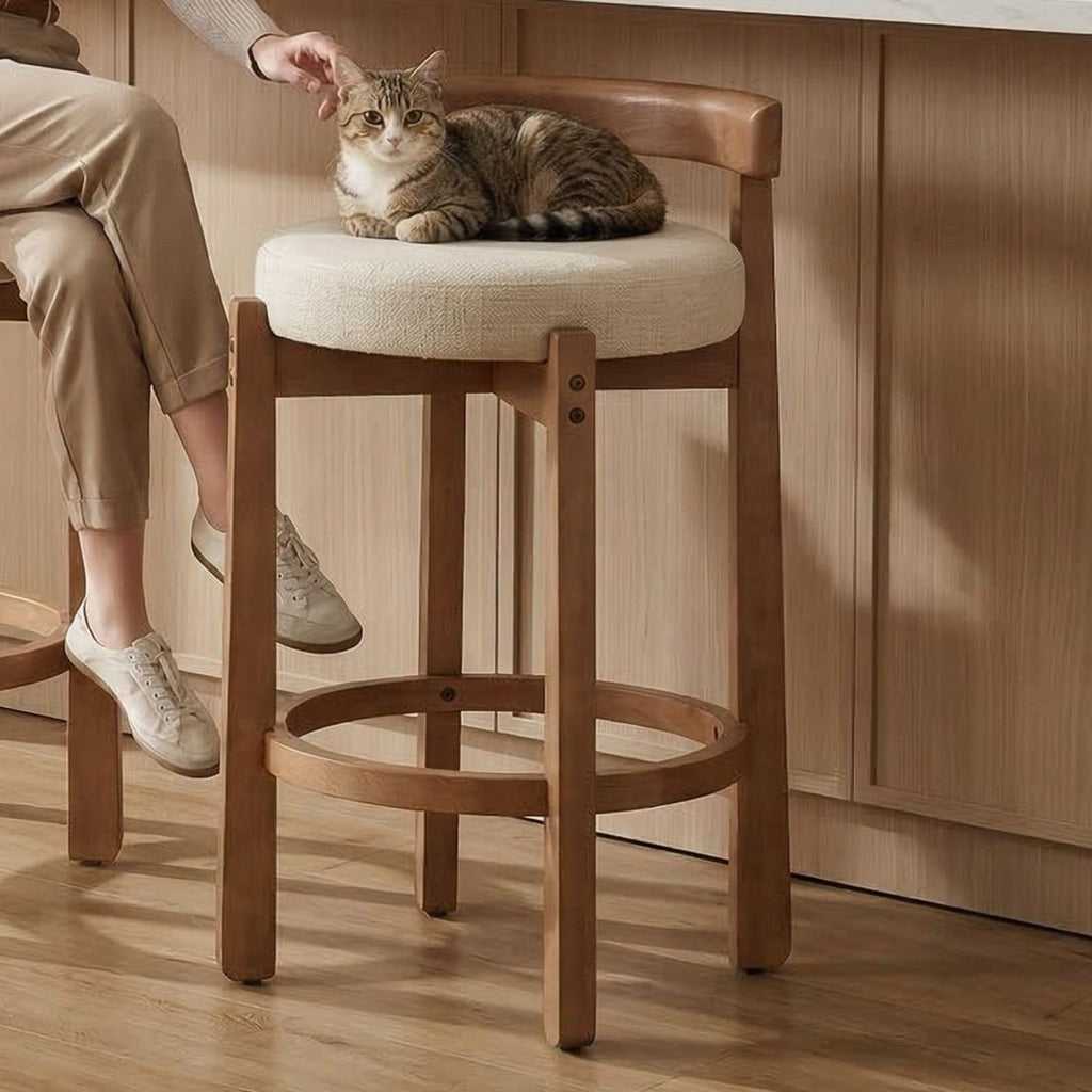 LukeAlon Mid Century Linen Counter Stools Set of 4, Upholstered 26.5” Seat Height Low Barstools with Natural Wood Legs Round Low Back Kitchen Stools with Footrest for Dining Room, Beige
