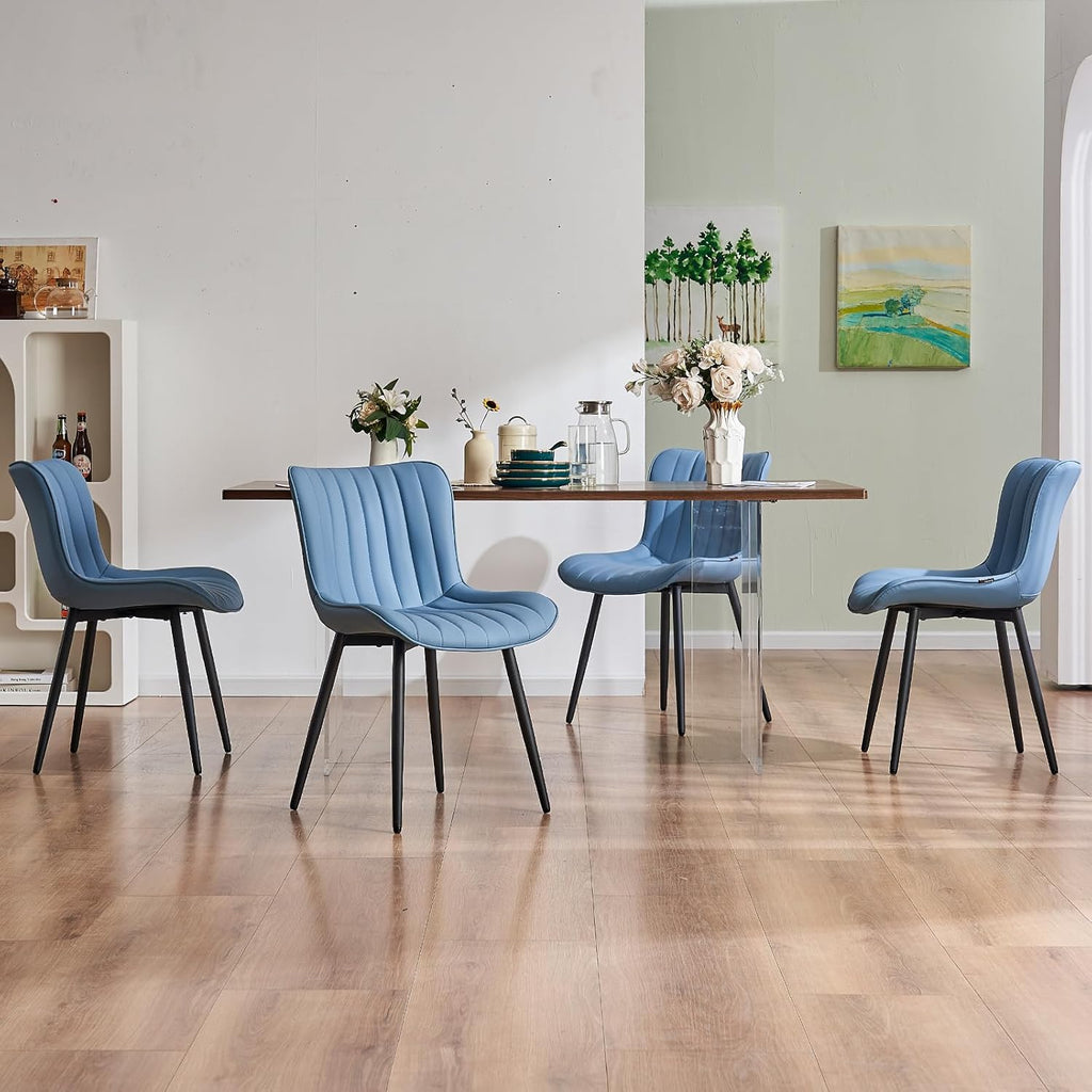 YOUNUOKE Mid-Century Modern Dining Chairs Set of 2, Blue PU Leather Upholstered Kitchen Chairs with Black Metal Legs, Armless Accent Chair for Dining Room, Guest Reception Room