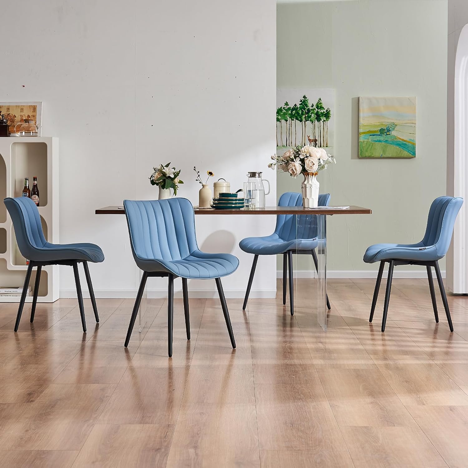 YOUNUOKE Mid-Century Modern Dining Chairs Set of 2, Blue PU Leather Upholstered Kitchen Chairs with Black Metal Legs, Armless Accent Chair for Dining Room, Guest Reception Room