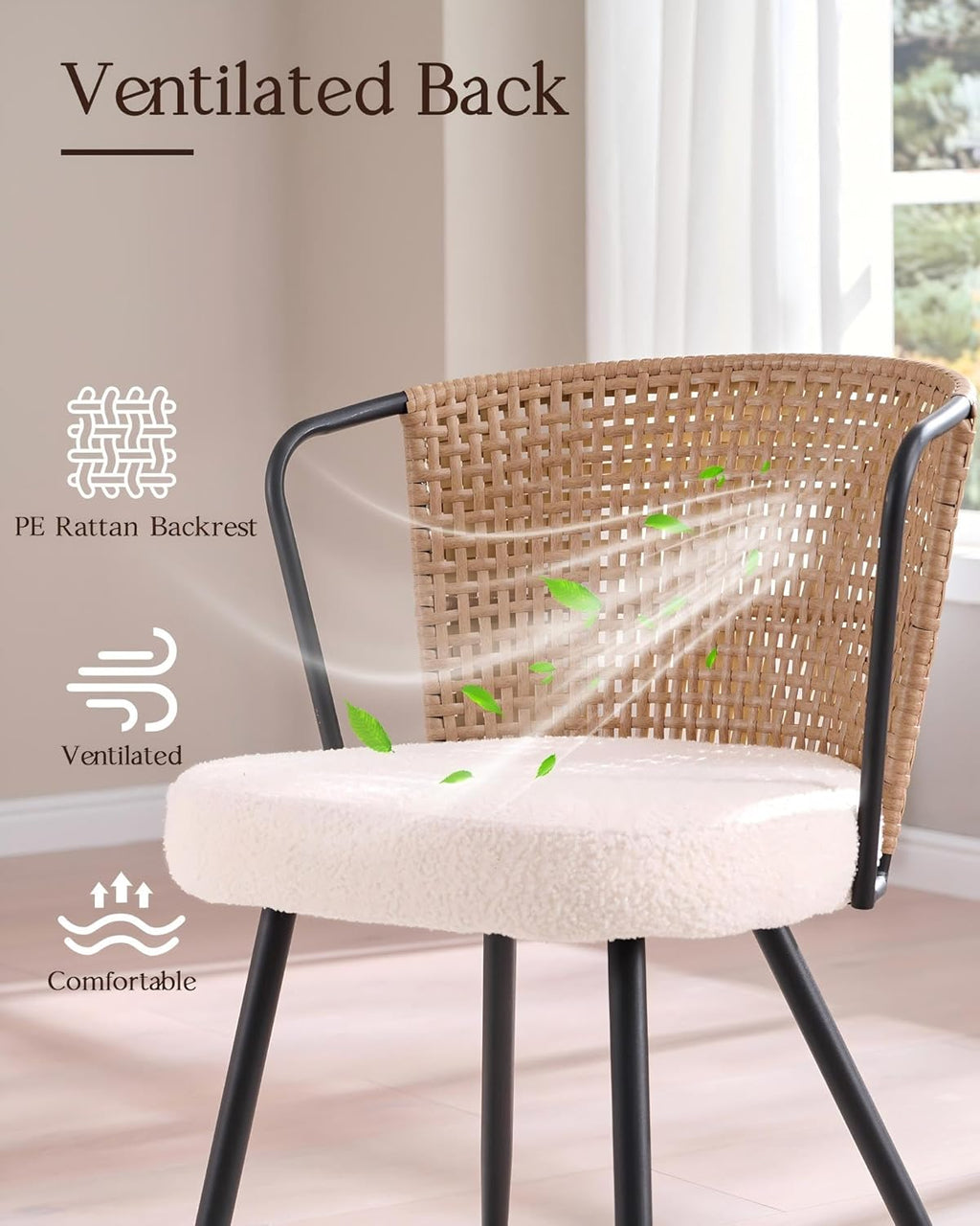 BedsPick Rattan Dining Chairs Set of 4 - Farmhouse Upholstered PE Rattan Kitchen Chair with Boucle Cushion, Wingback Dining Room Seat with Open-weave Cane Back and Metal Legs for Home, Kitchen (Brown)