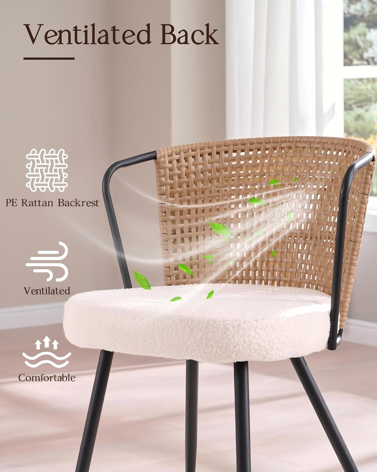 BedsPick Rattan Dining Chairs Set of 4 - Farmhouse Upholstered PE Rattan Kitchen Chair with Boucle Cushion, Wingback Dining Room Seat with Open-weave Cane Back and Metal Legs for Home, Kitchen (Brown)