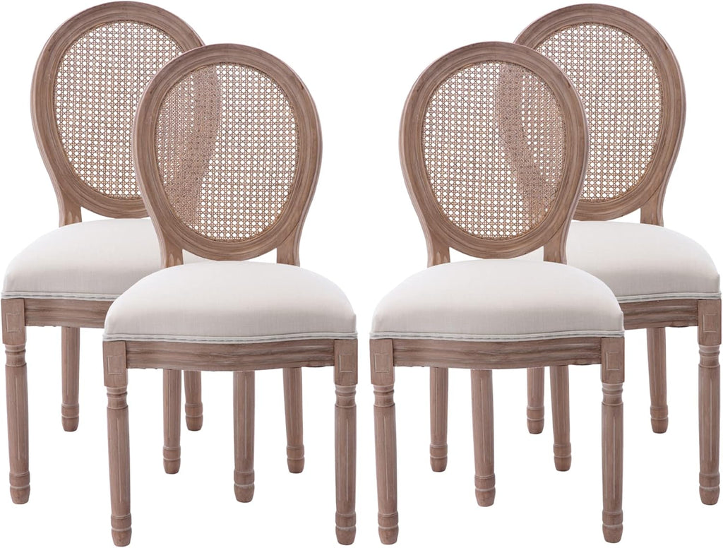 Nrizc French Country Dining Chairs Set of 4, Farmhouse Fabric Chairs with Round Back, Rattan Dining Chair, Oval Side Chairs for Dining Room/Living Room/Kitchen/Restaurant