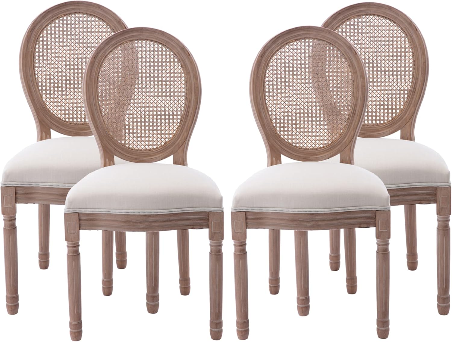 Nrizc French Country Dining Chairs Set of 4, Farmhouse Fabric Chairs with Round Back, Rattan Dining Chair, Oval Side Chairs for Dining Room/Living Room/Kitchen/Restaurant