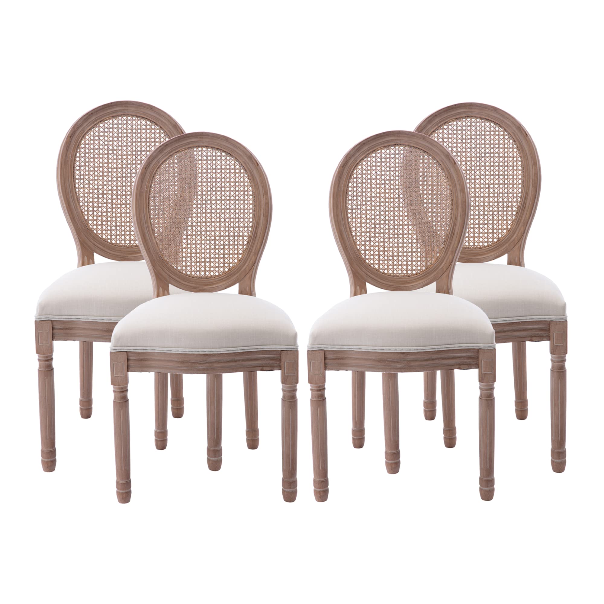 Nrizc French Country Dining Chairs Set of 4, Farmhouse Fabric Chairs with Round Back, Rattan Dining Chair, Oval Side Chairs for Dining Room/Living Room/Kitchen/Restaurant