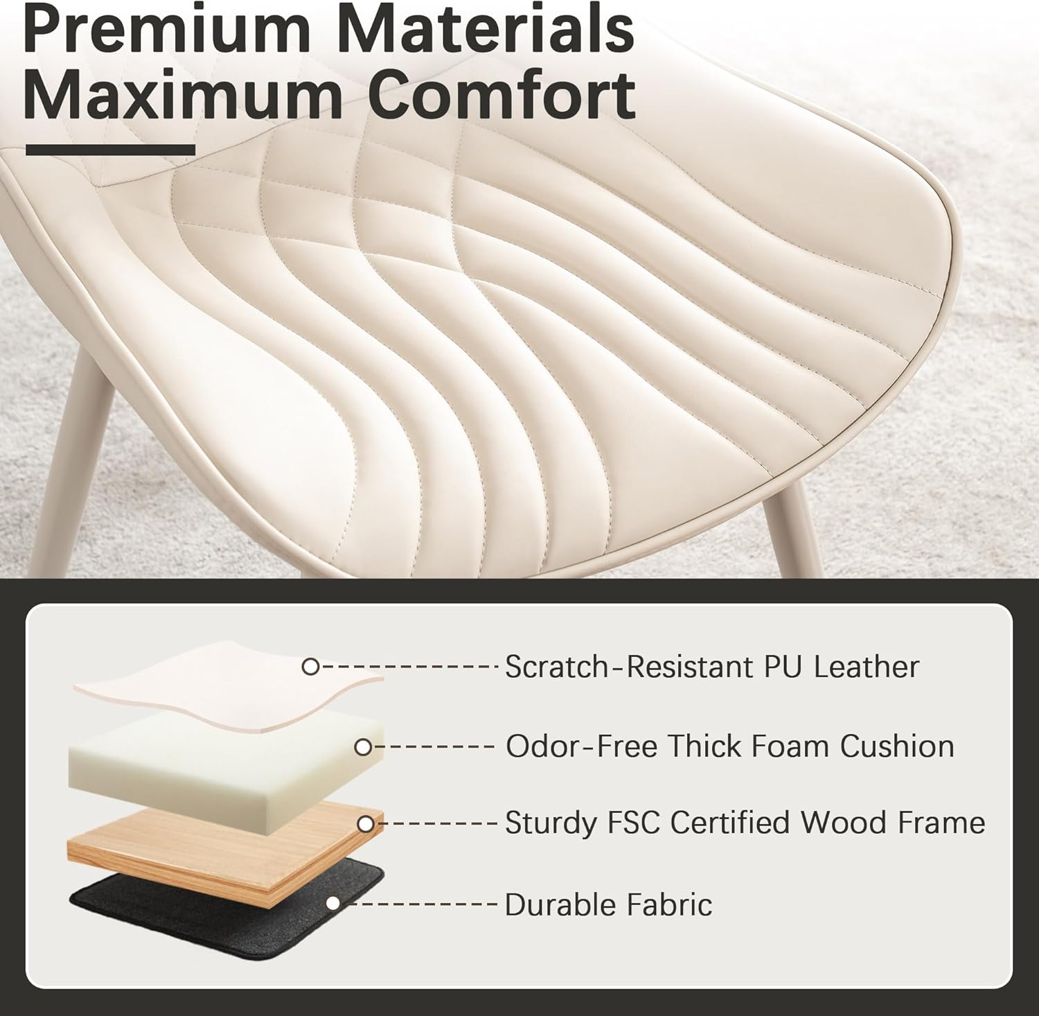 YOUTASTE Cream Dining Chairs Set of 2, Mid Century Modern Comfy Kitchen Chair, Upholstered Faux Leather, Cream Metal Legs, Armless Accent Chairs for Bedroom Vanity Lounge
