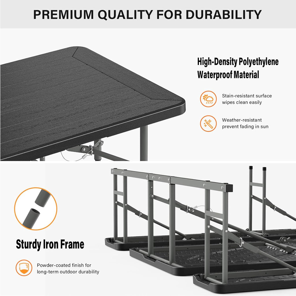 VINGLI Folding Picnic Table and Bench Set, Portable Outdoor Dining Furniture for Camping, Patio, Backyard, Wood Grain Plastic Top with Metal Frame with Kaqi Umbrella
