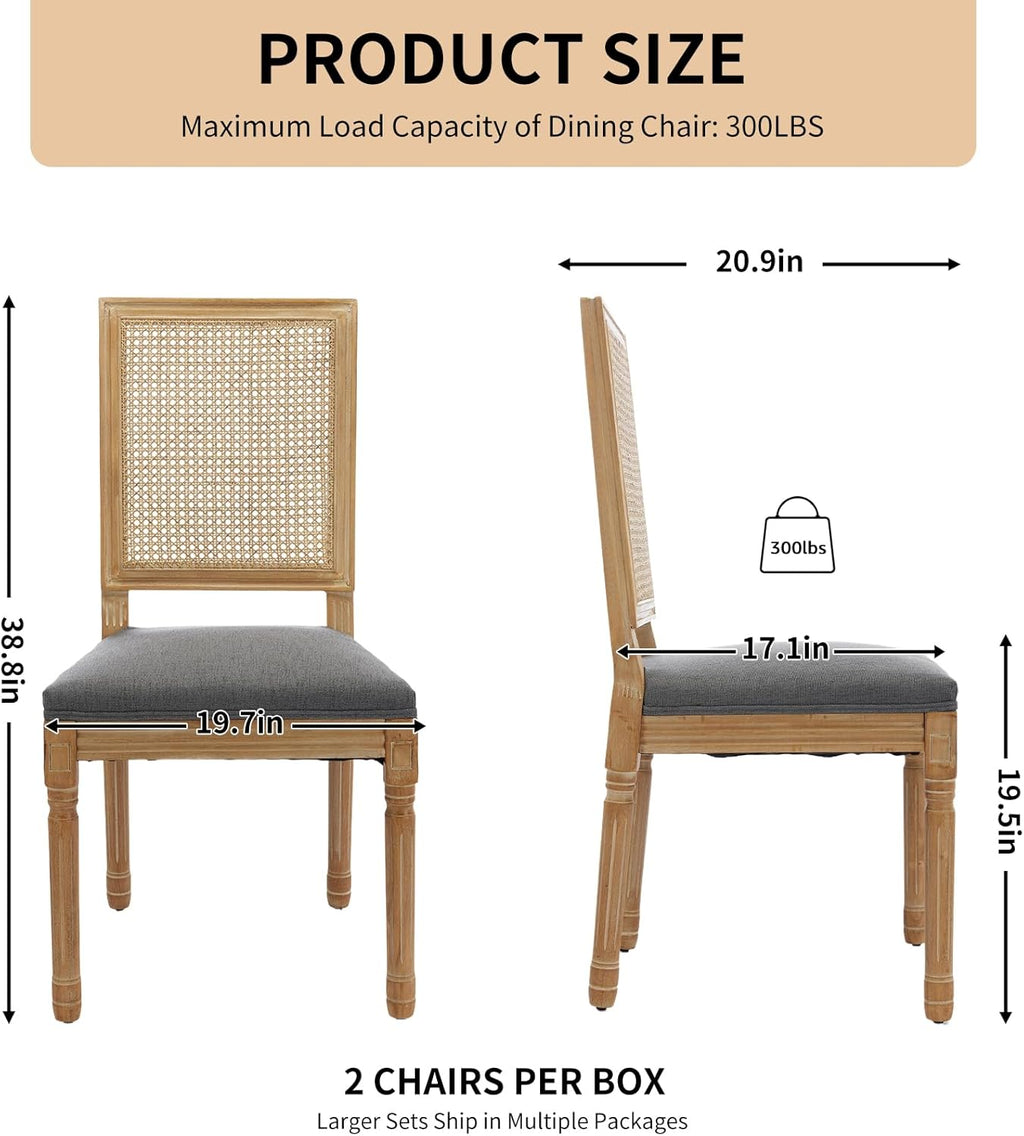 Vintage French Rattan Dining Chairs Set of 6, Square Back Side Chairs with Rattan Backrest, Upholstered Linen Seat and Solid Wood Frame, Sillas de Comedor for Dining Room & Kitchen, Dark Gray