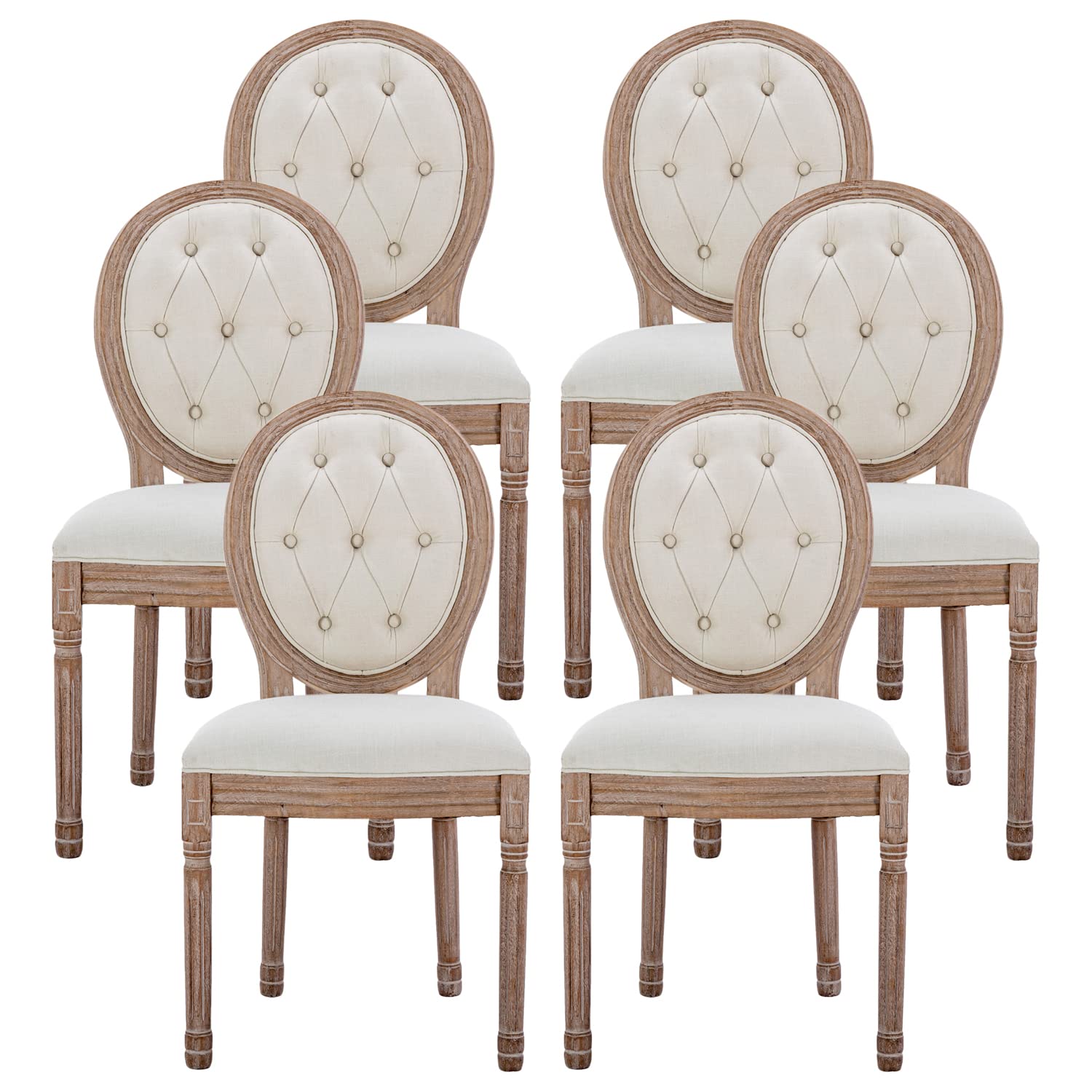Nrizc French Country Dining Chairs Set of 4, Farmhouse Fabric Chairs with Round Back, Rattan Dining Chair, Oval Side Chairs for Dining Room/Living Room/Kitchen/Restaurant