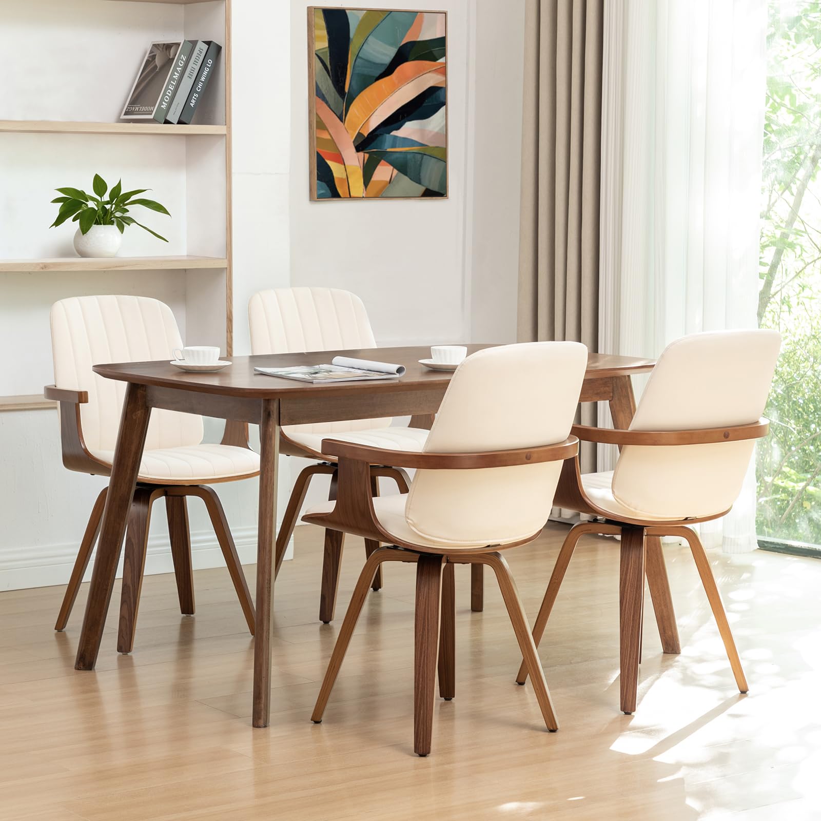 WUPOTO Set of 1 MCM Dining Chair, Mid Century Modern Chair with Walnut Craftsmanship, Upholstered Faux Leather, Wooden Arms and Legs, Faux Leather Dining Chair for Kitchen/Living Room - Green