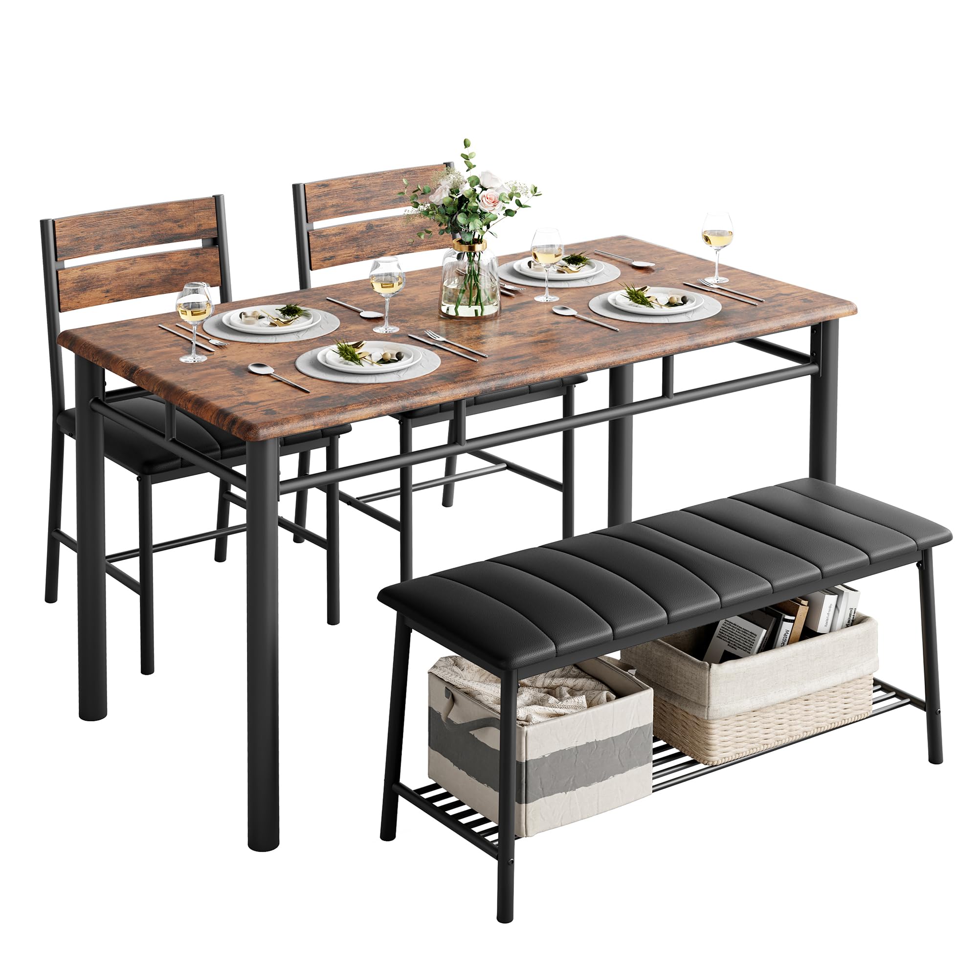 IRONCK Dining Table Set for 4, Kitchen Table with Upholstered Bench and 2 Chairs, Kitchen Table and Chairs Set for Small Space, Apartment, Black