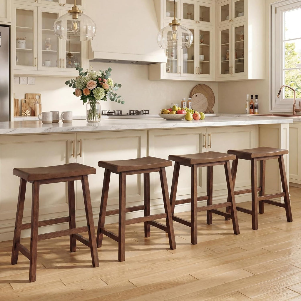 4PC Solid Wood Backless Bar Stools, 24in Counter Stools with Footrest, Brown