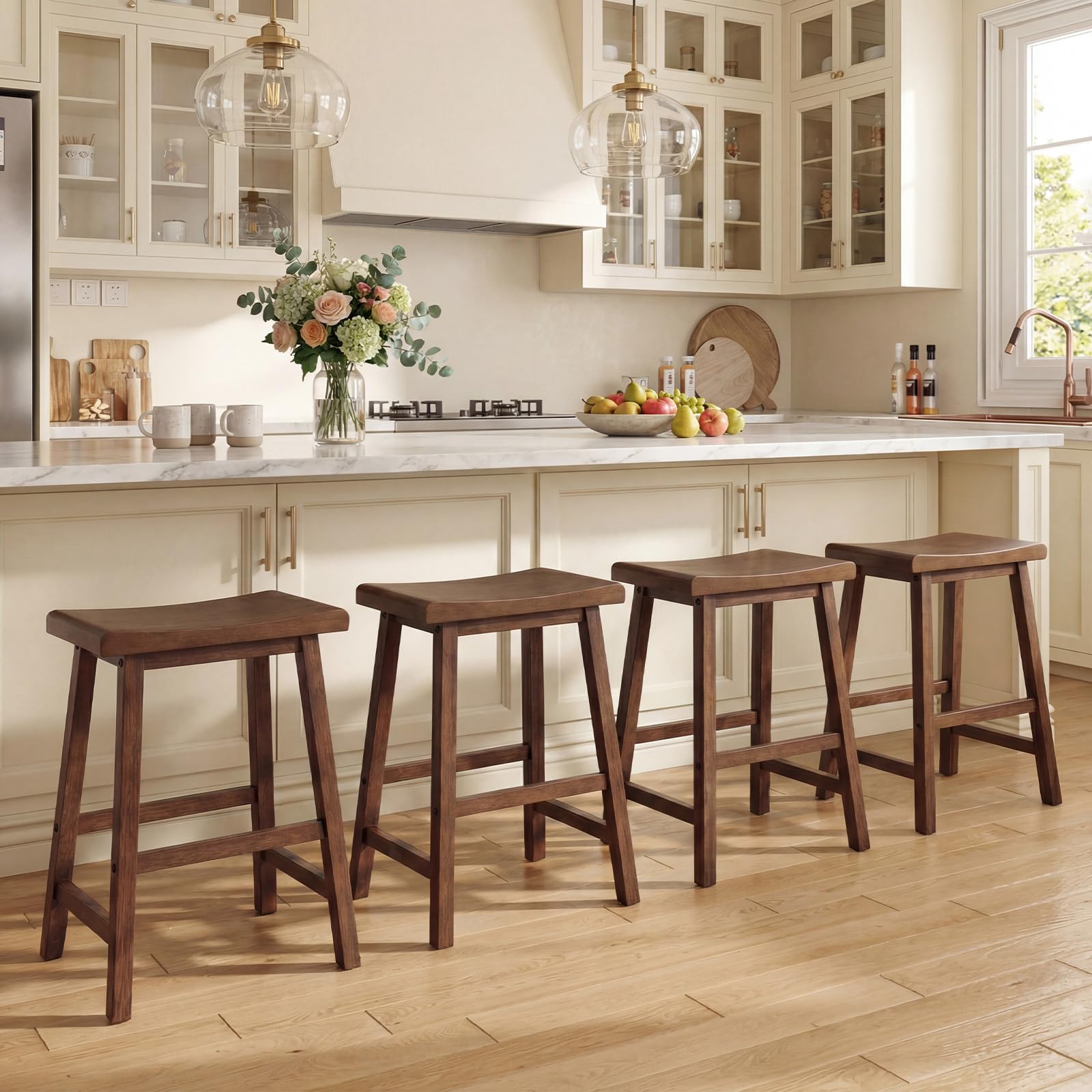 4PC Solid Wood Backless Bar Stools, 24in Counter Stools with Footrest, Brown