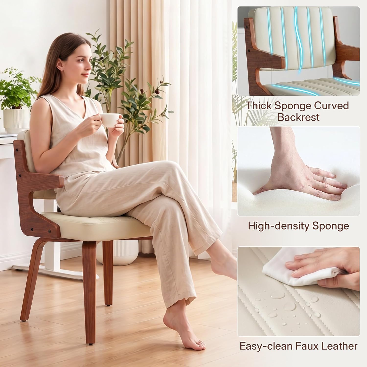 Dining Chairs Set of 1, Mid-Century Modern Upholstered PU Leather Kitchen Chair, Hanging Handrails, Walnut Bentwood Legs and Faux Leather Sponge Back for Kitchen Dining Room Living Room, Beige
