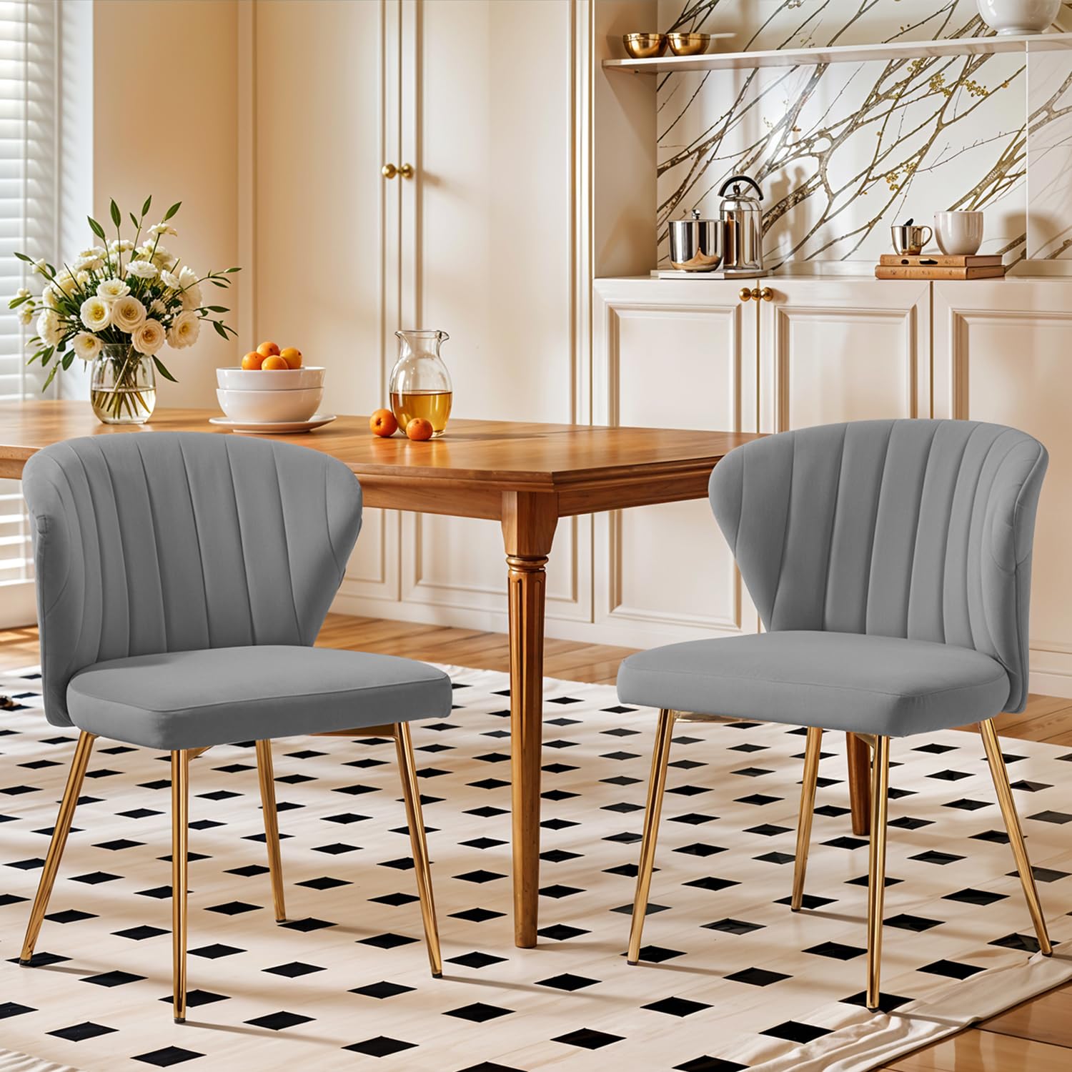 Velvet Dining Chairs Set of 2, Modern Upholstered Vanity Chairs with Golden Metal Legs for Dining Room Kitchen Vanity Patio (Black)