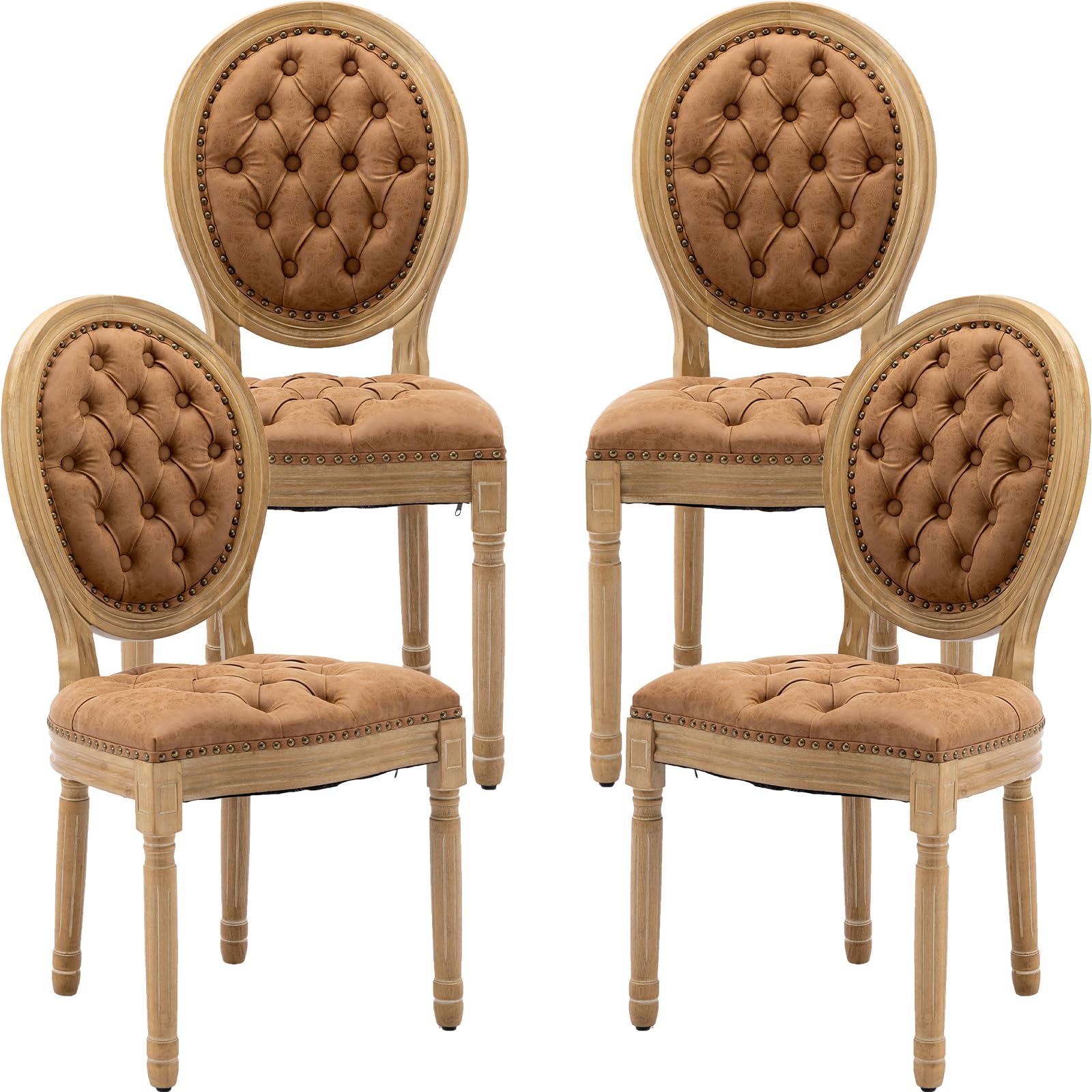 Vintage French Rattan Dining Chairs Set of 4, Solid Wood Frame with Round Rattan Back and Linen Upholstered Seat, Farmhouse Accent Sillas de Comedor Side Chairs for Dining Room & Kitchen, Beige